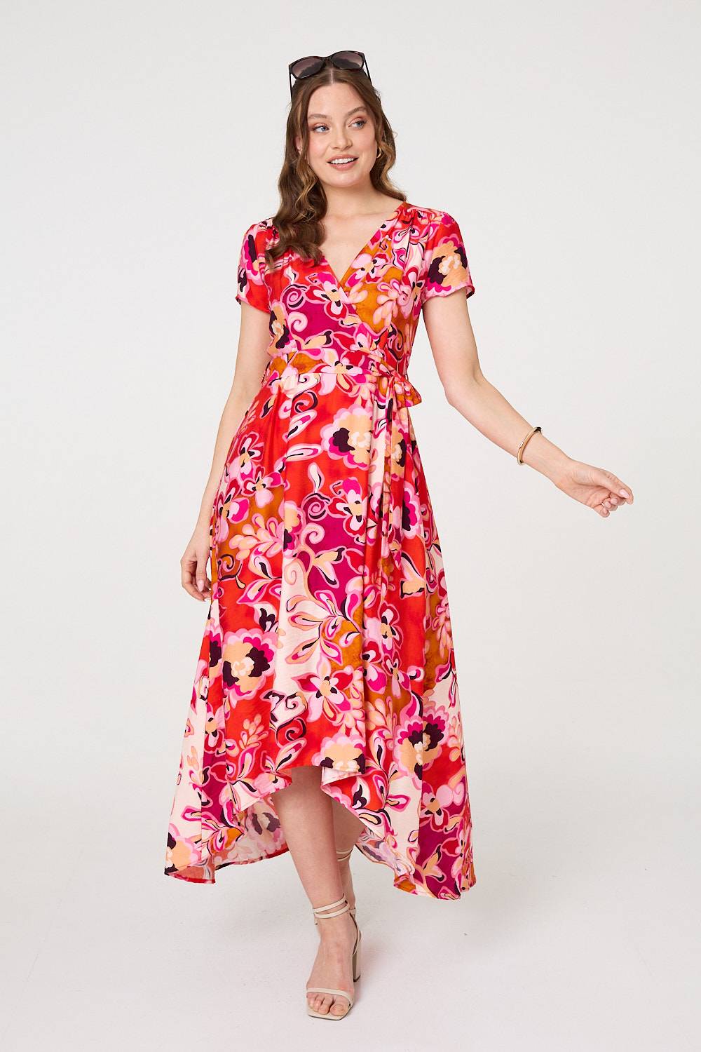 Printed Short Sleeve Wrap Midi Dress Front View