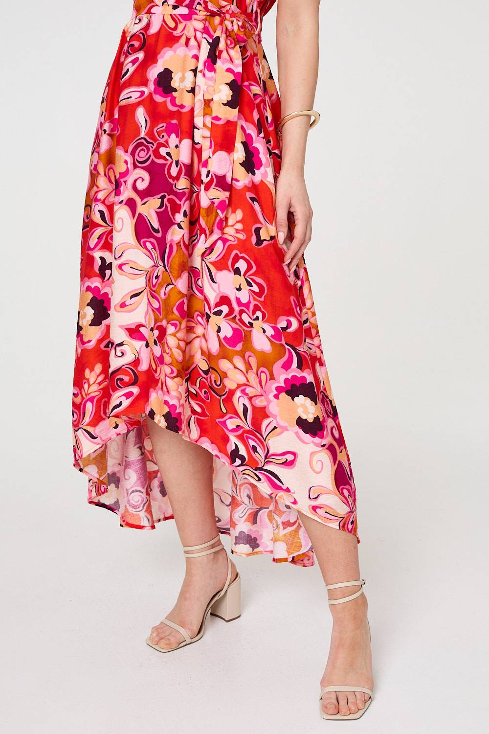 Printed Short Sleeve Wrap Midi Dress Front View 2