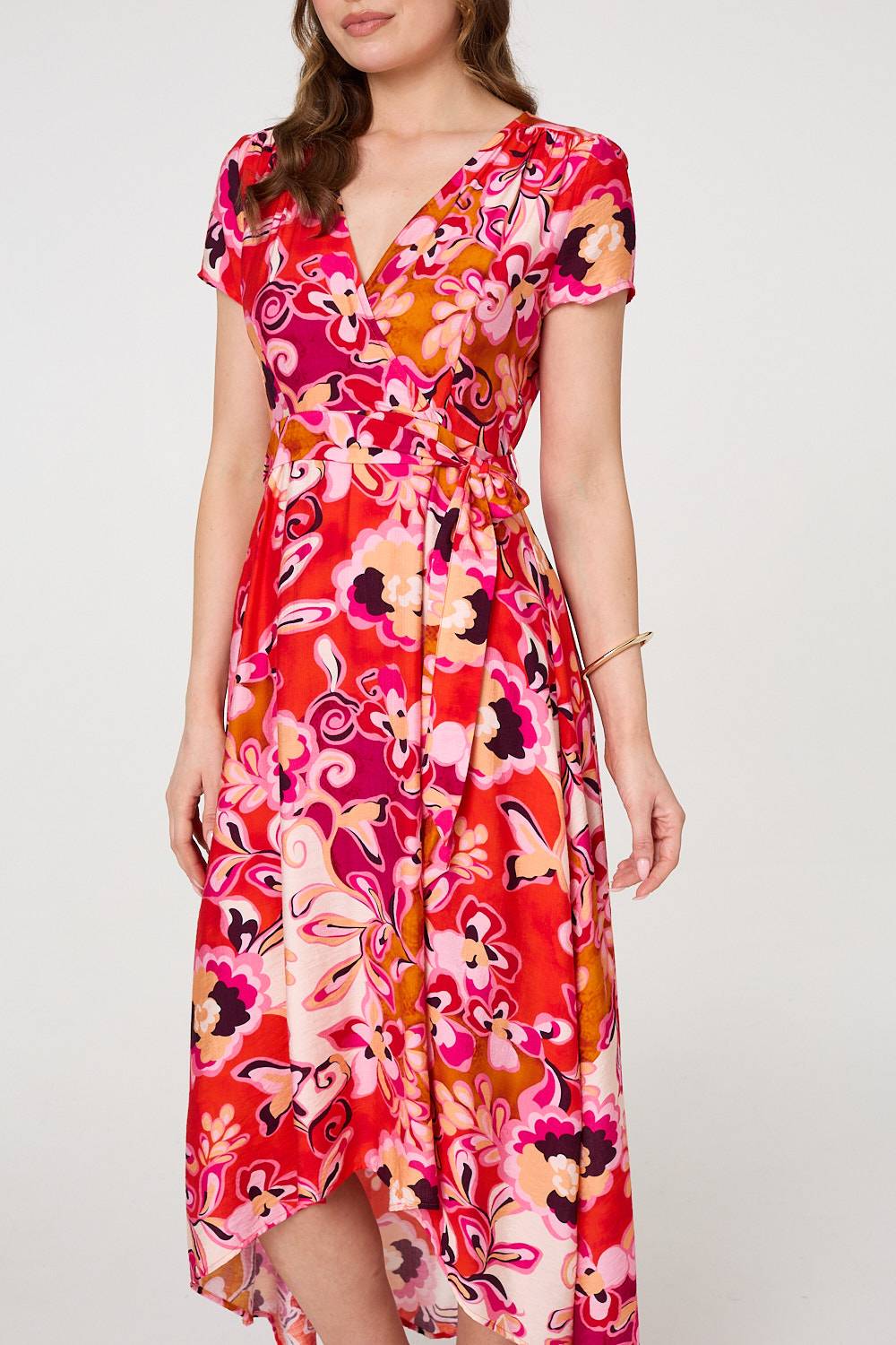 Printed Short Sleeve Wrap Midi Dress Styled View