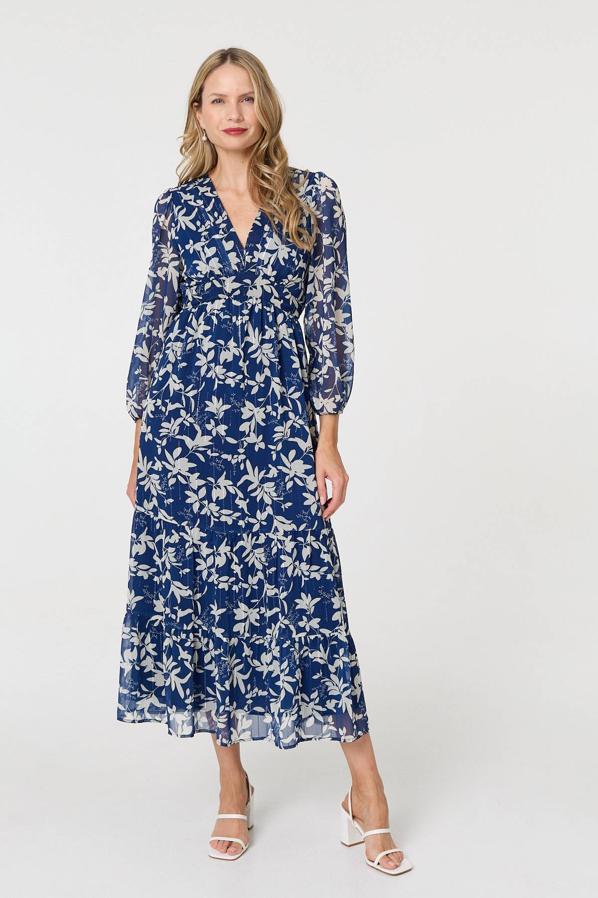 Leaf Print Sheer Layer Empire Maxi Dress Front View