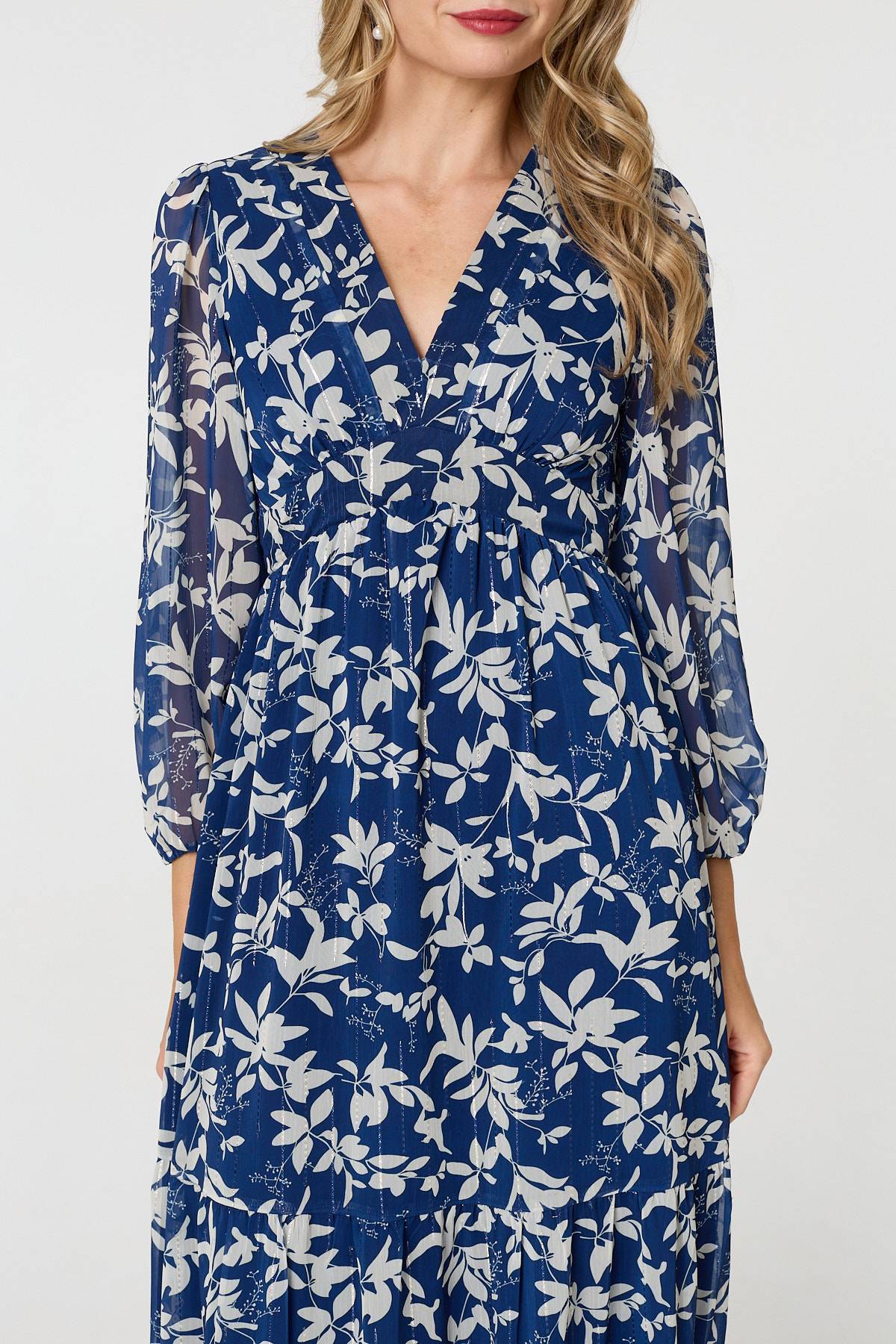 Leaf Print Sheer Layer Empire Maxi Dress Detail View