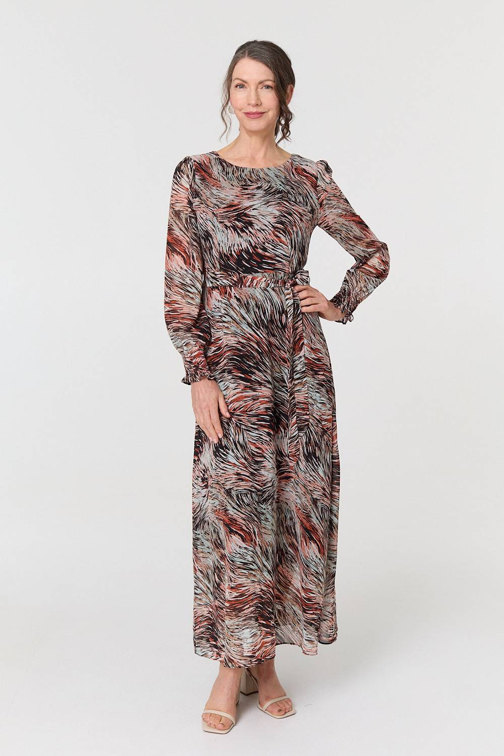 Printed Tie Waist Long Sleeve Maxi Dress Front View