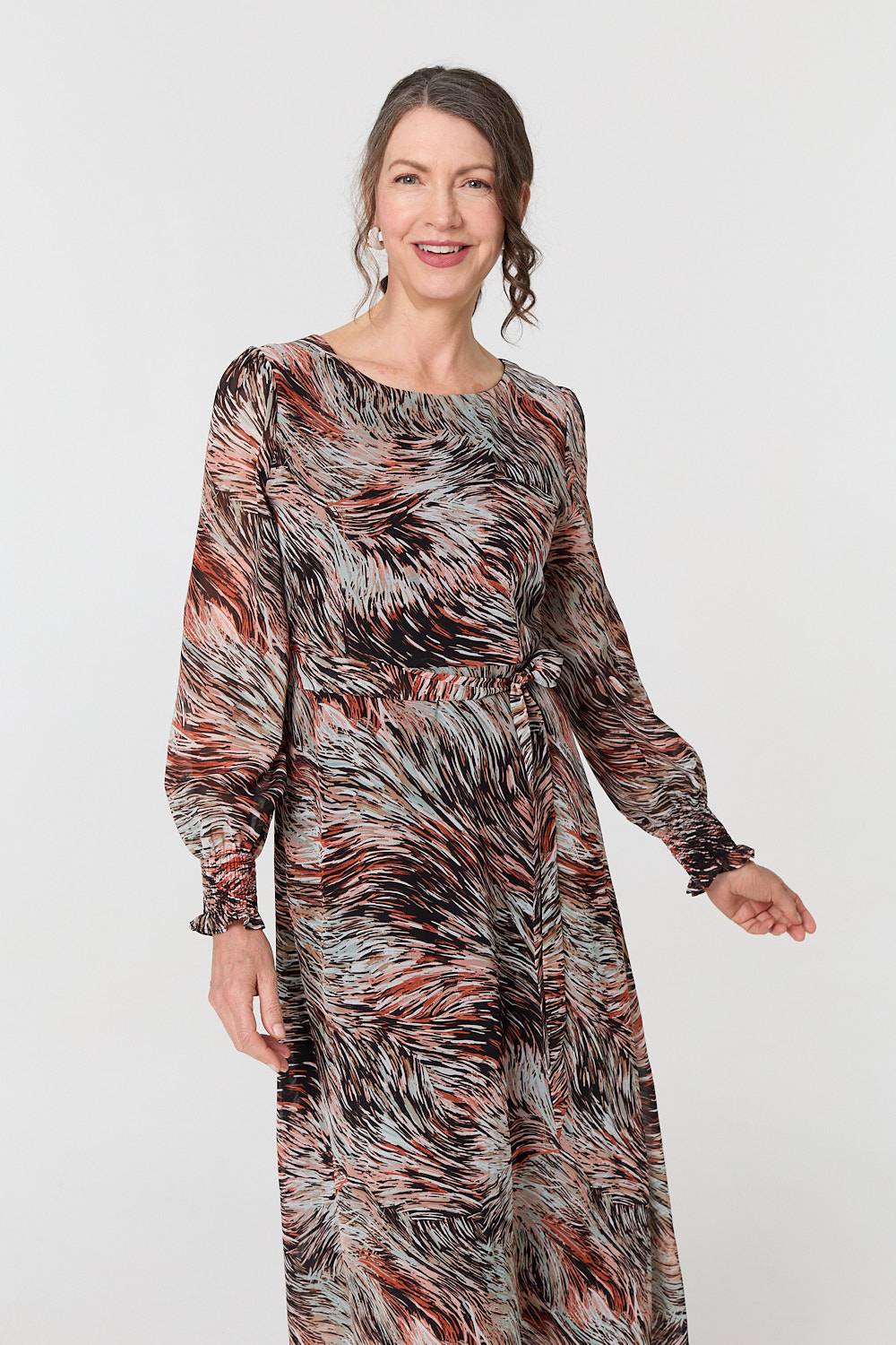 Printed Tie Waist Long Sleeve Maxi Dress Back View