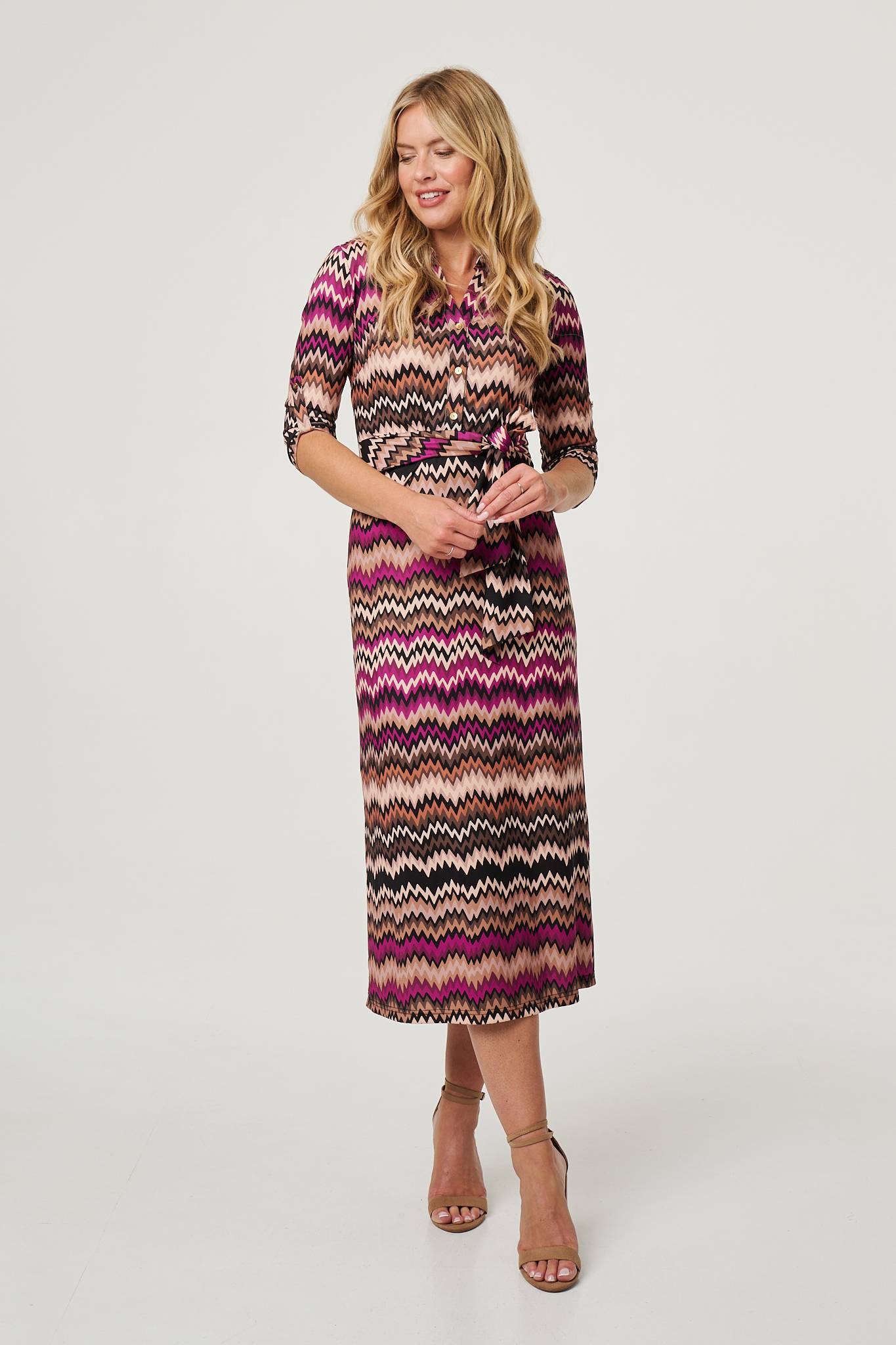 Chevron Print Tie Waist Midi Shirt Dress Back View 2