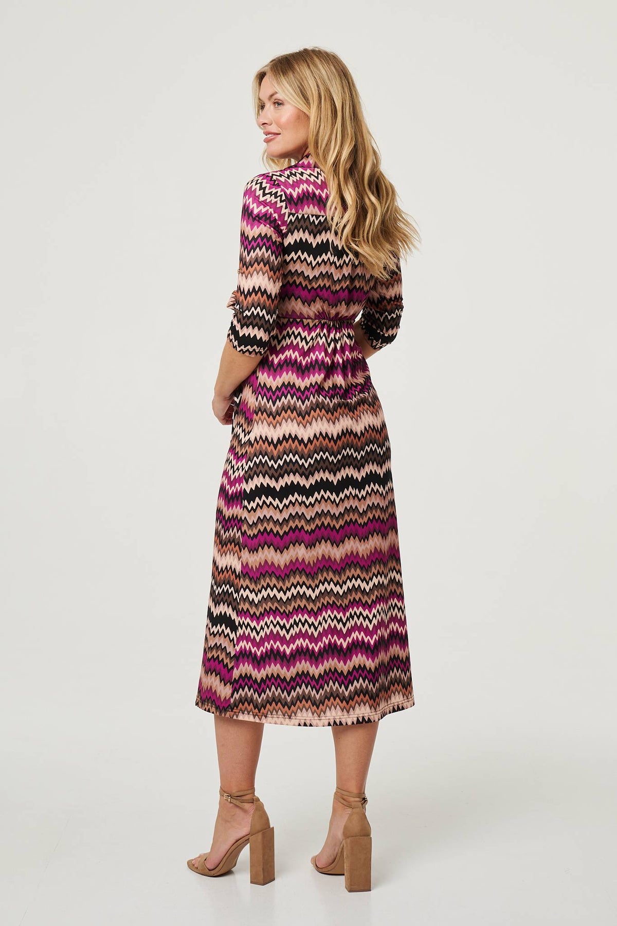 Chevron Print Tie Waist Midi Shirt Dress Full Length View