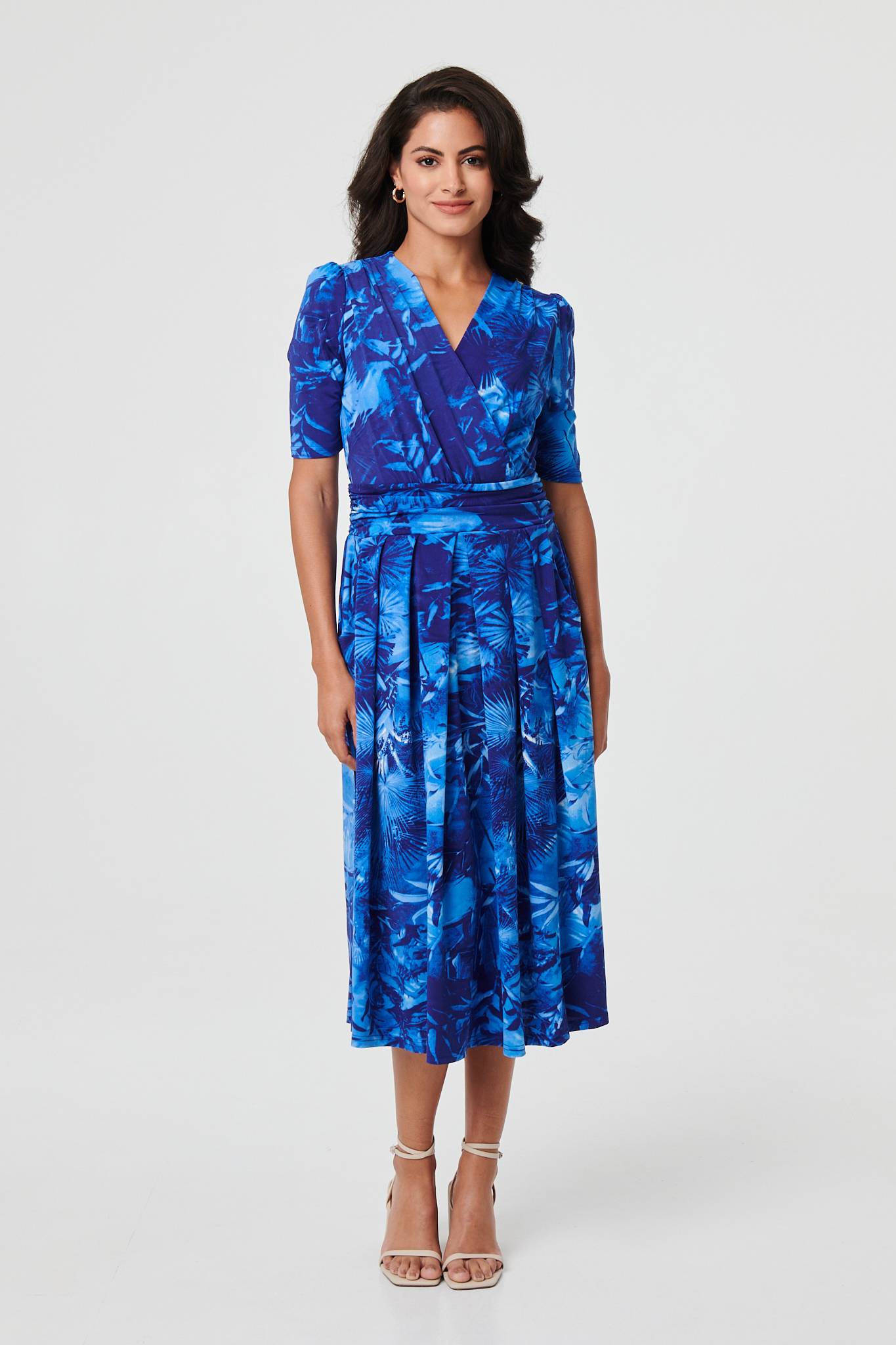 Printed 1/2 Sleeve Wrap Midi Dress Front View