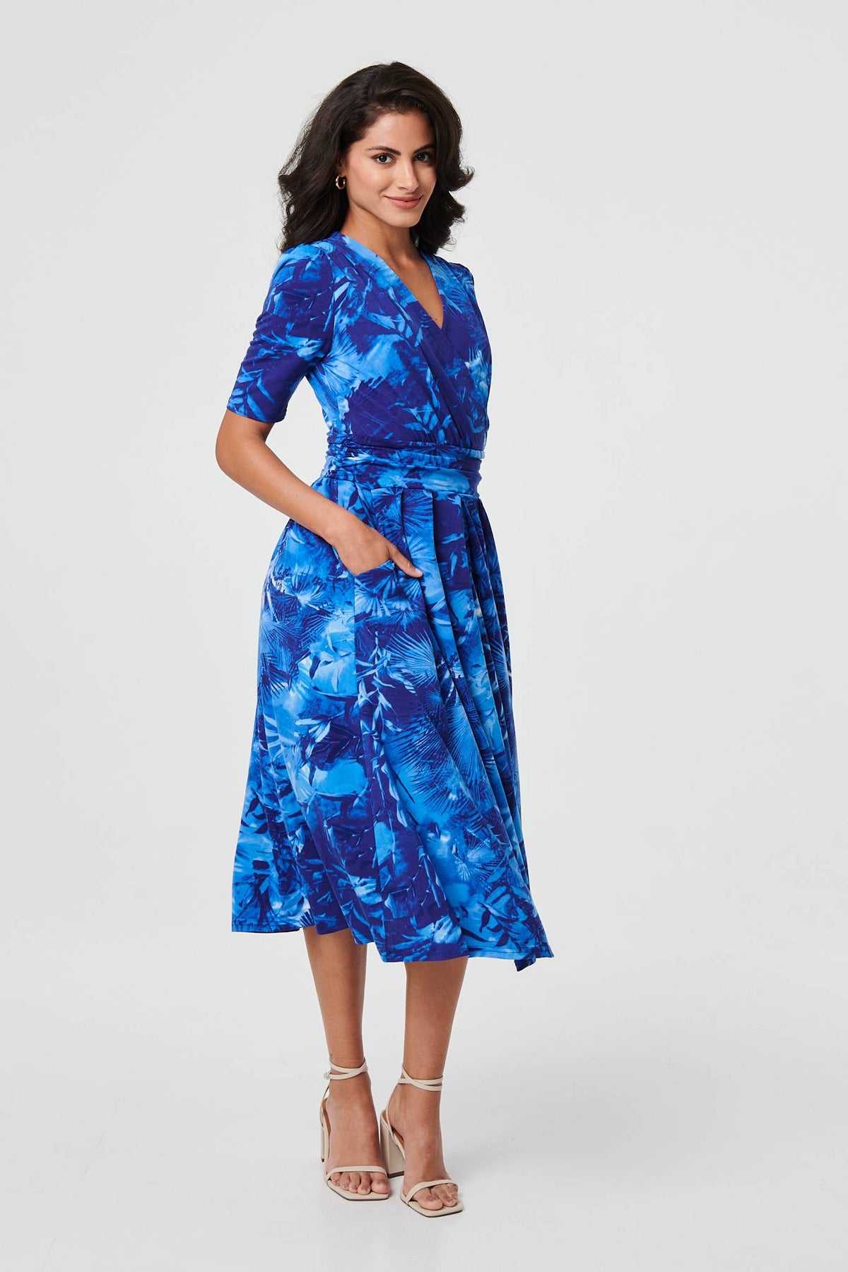 Printed 1/2 Sleeve Wrap Midi Dress Front View 2