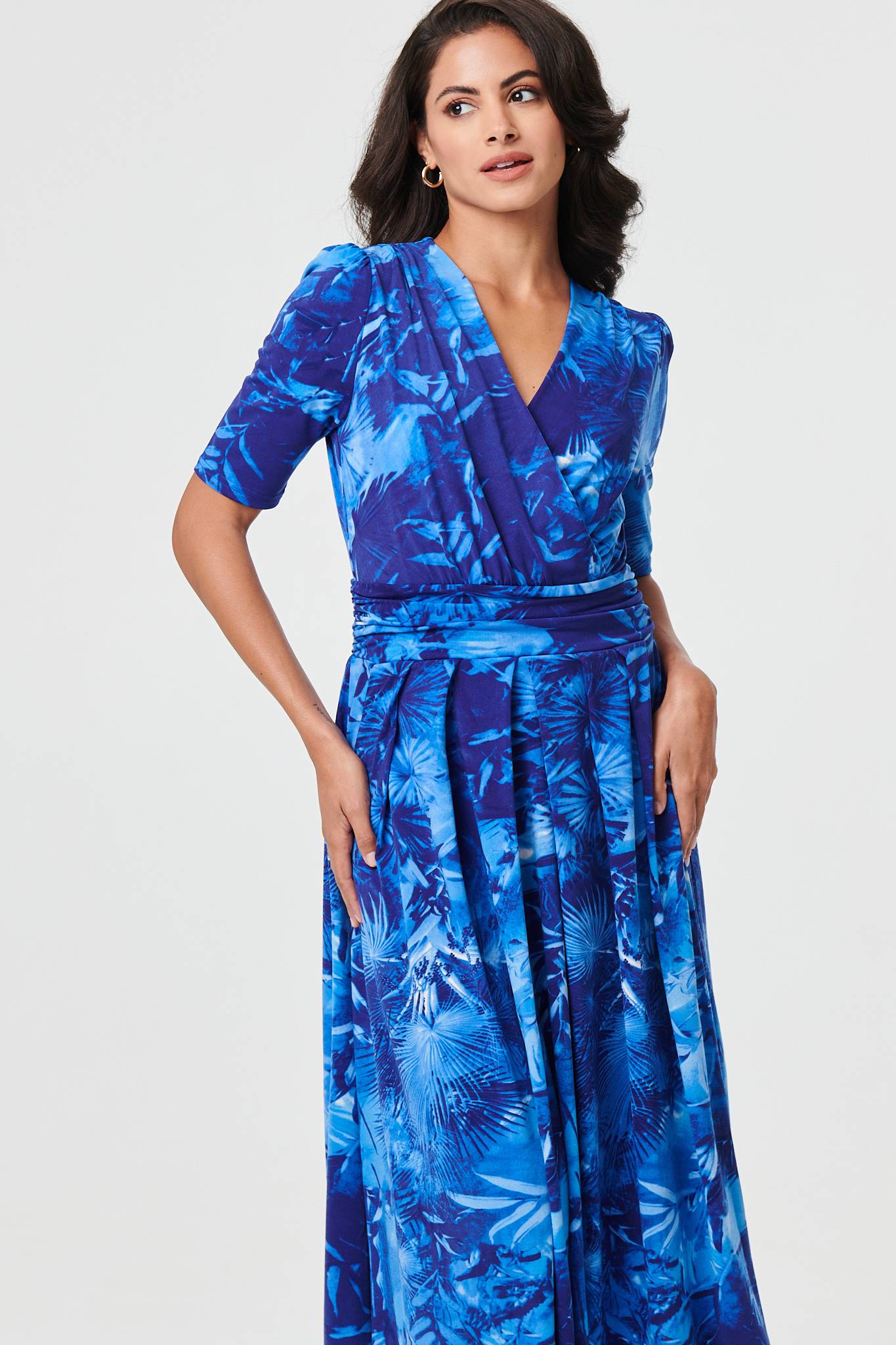 Printed 1/2 Sleeve Wrap Midi Dress Back View