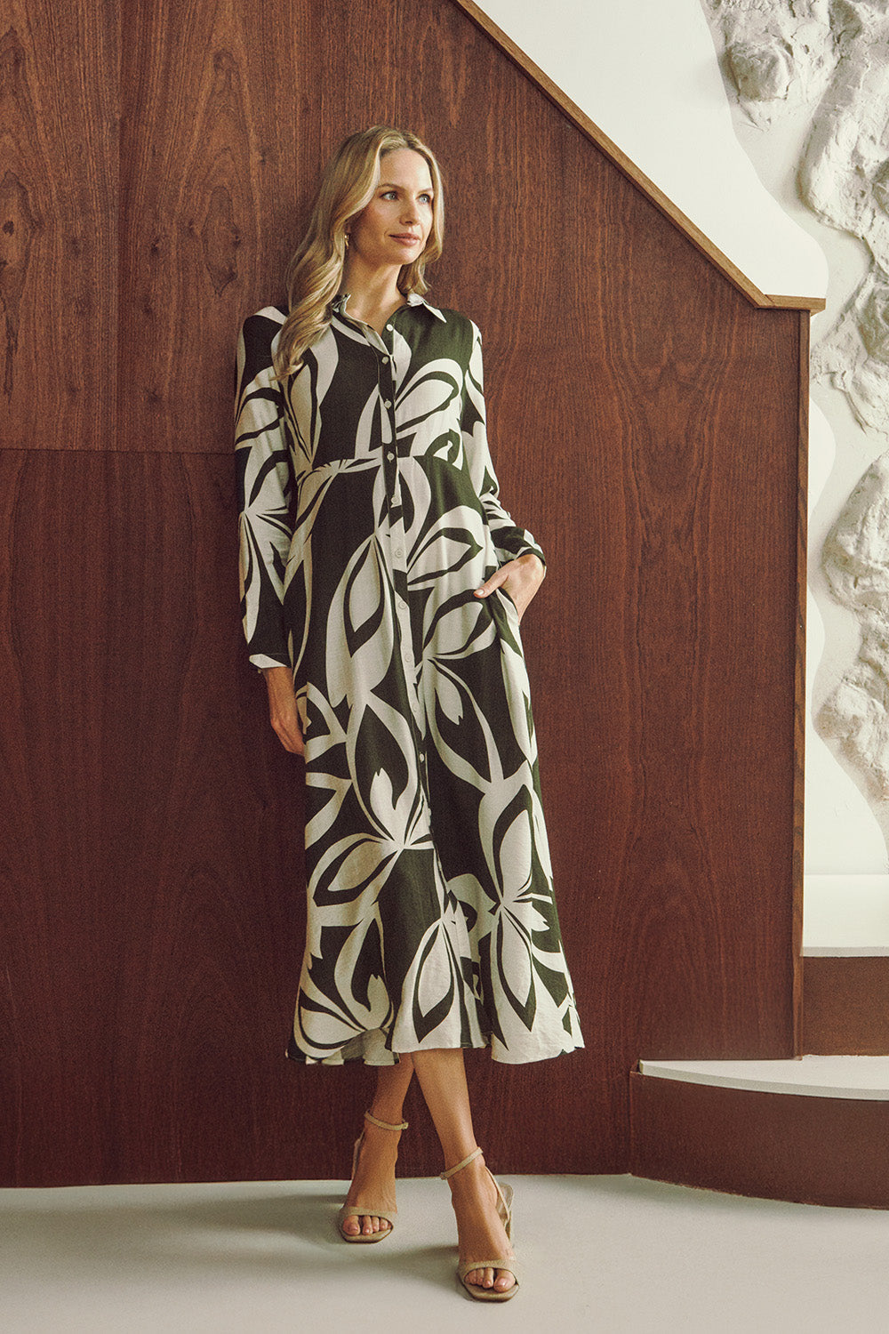 Abstract Floral Maxi Shirt Dress Front View