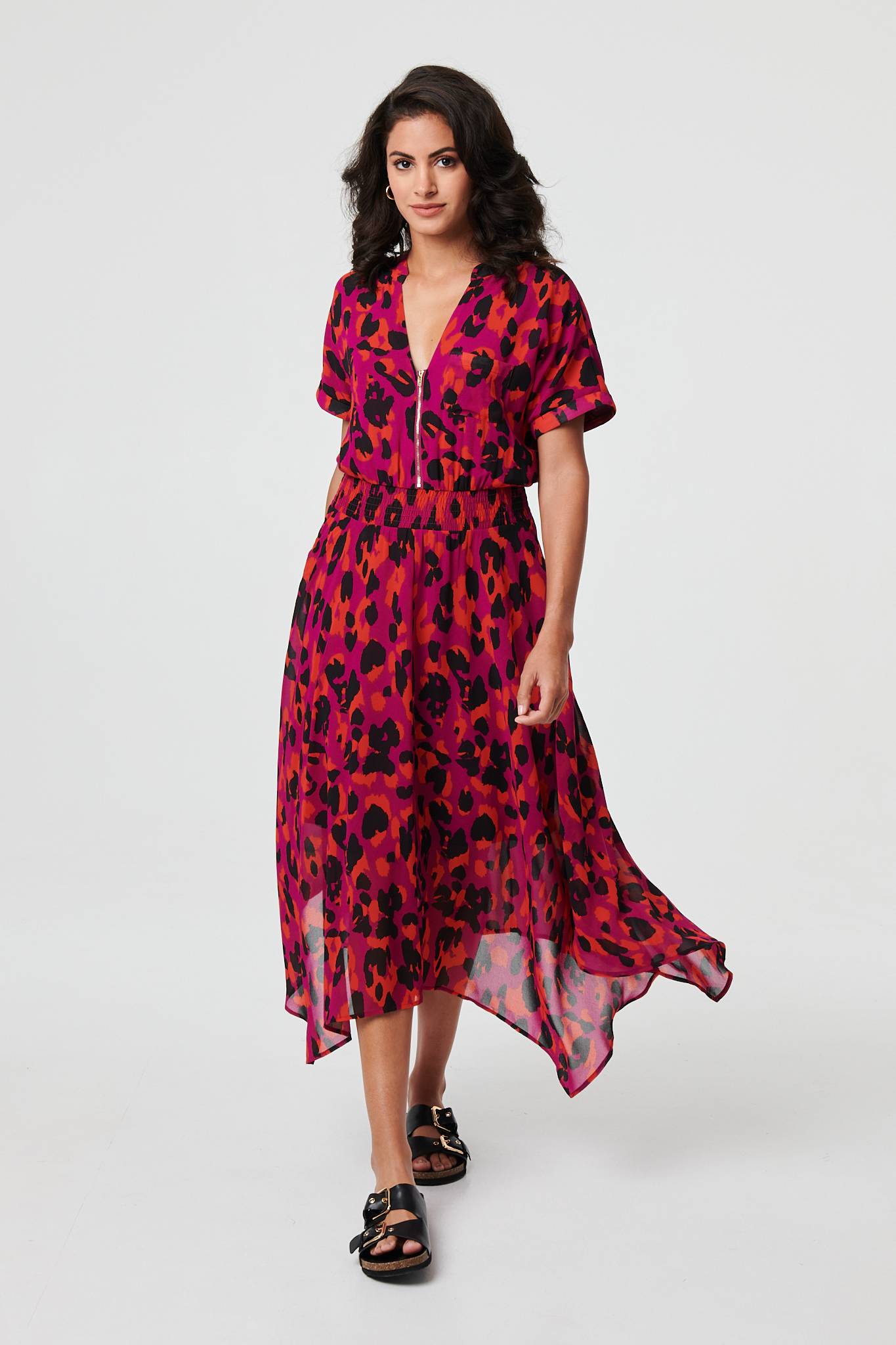 Animal Print Zip Hanky Hem Midi Dress Front View