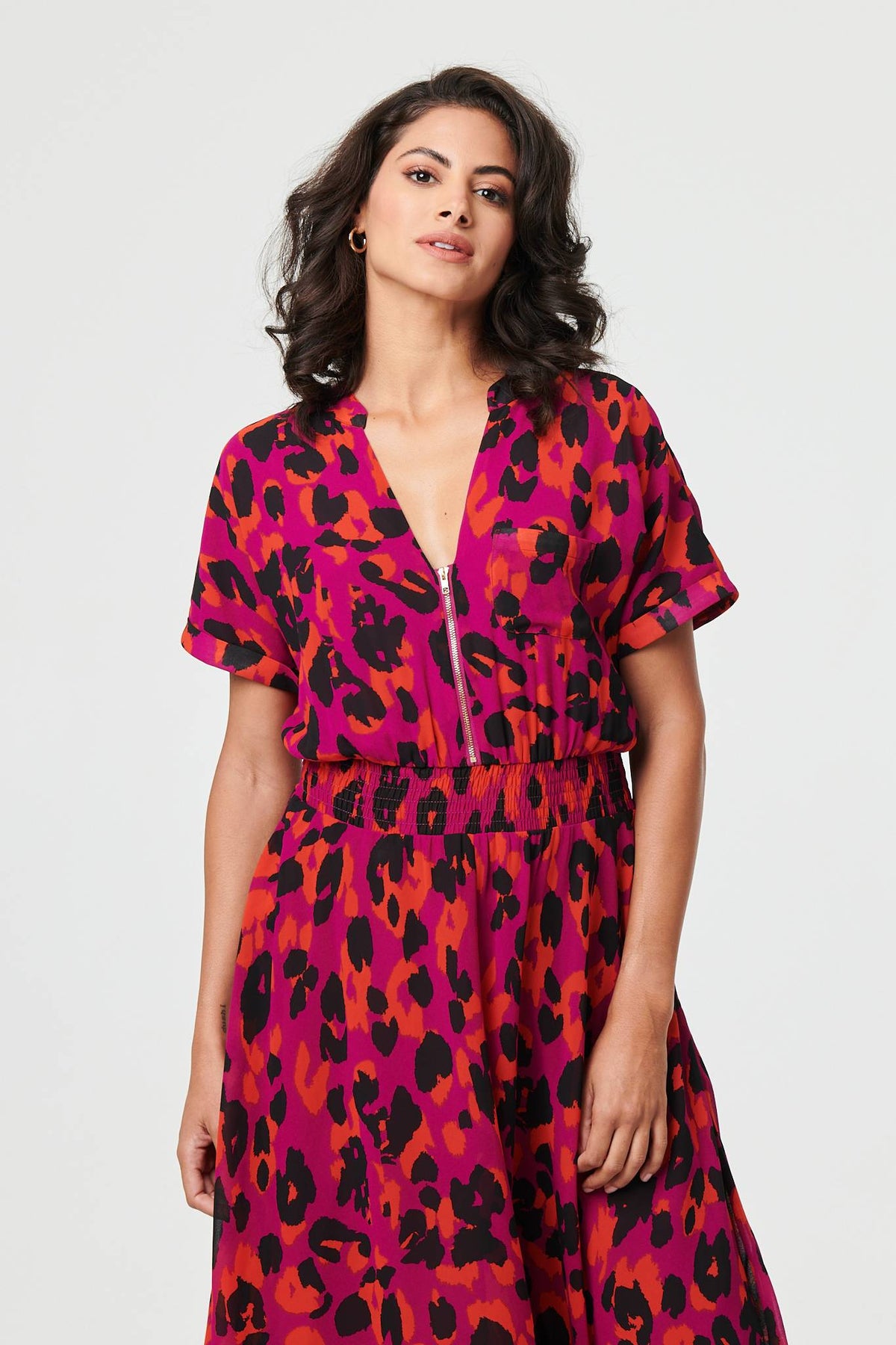 Animal Print Zip Hanky Hem Midi Dress Full Length View