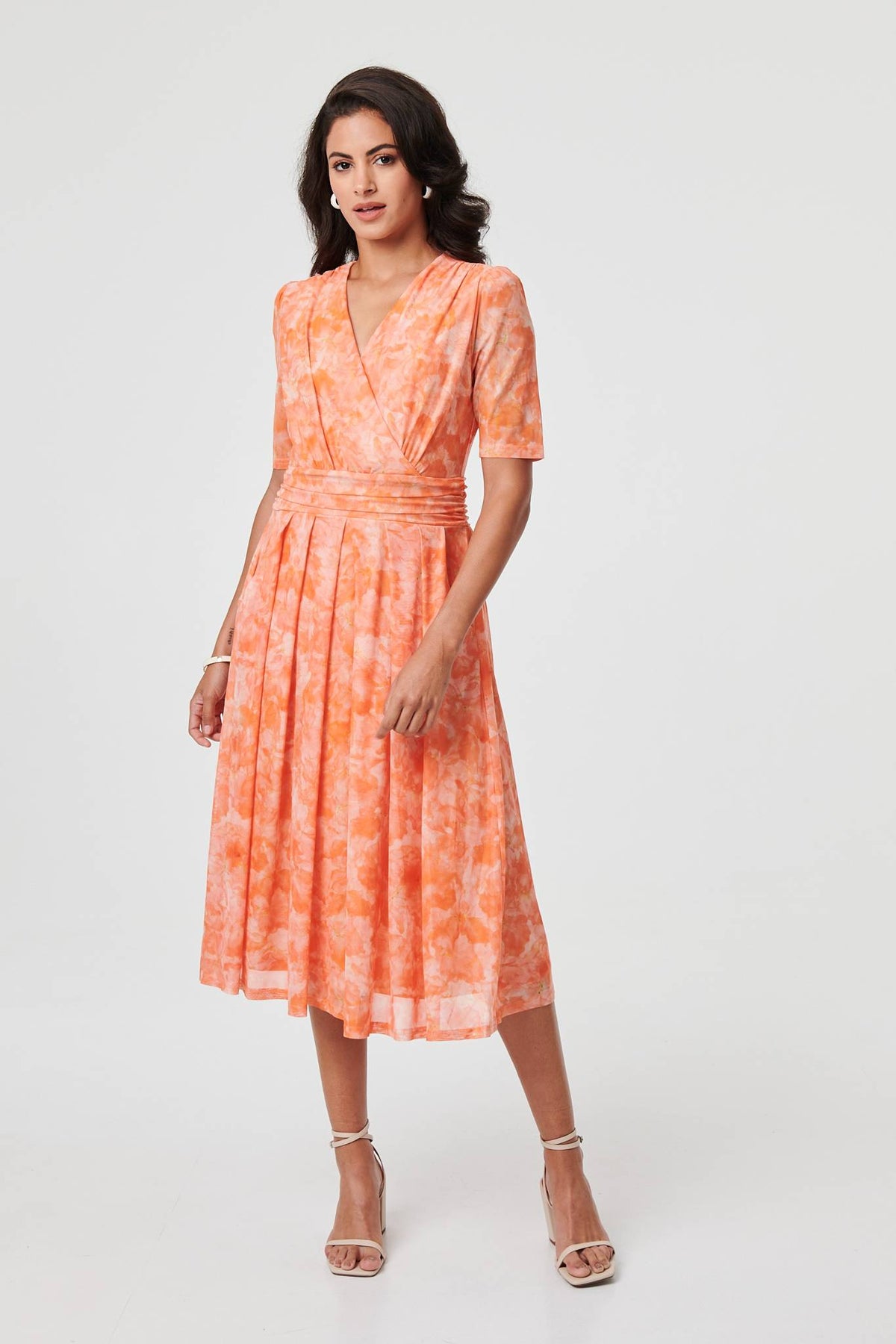 Printed 3/4 Sleeve Ruched Midi Dress Front View