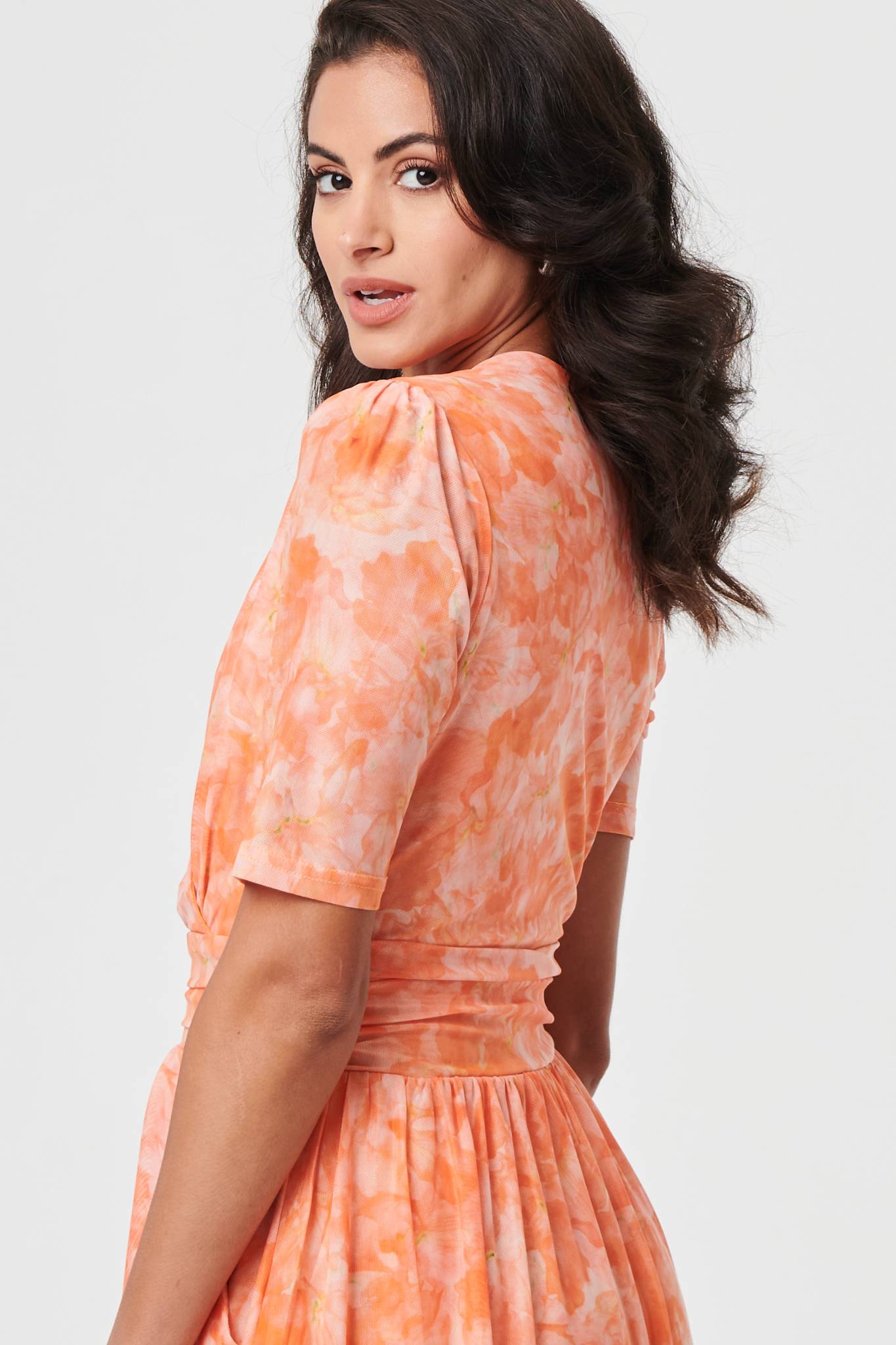 Printed 3/4 Sleeve Ruched Midi Dress Full Length View