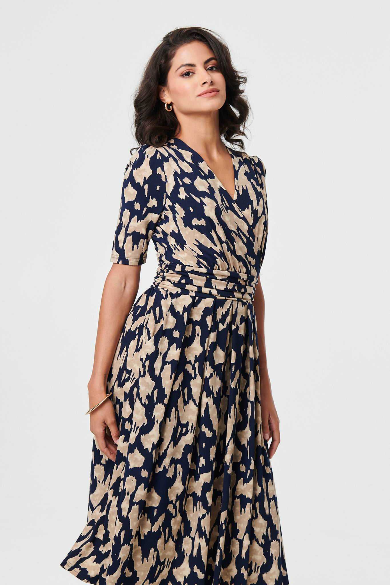 Printed Ruched 1/2 Sleeve Midi Dress Full Length View