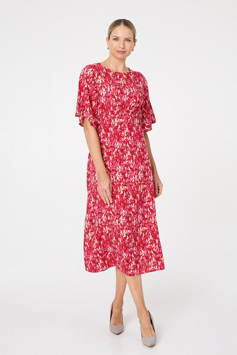 Ditsy Floral 1/2 Flare Sleeve Midi Dress Front View