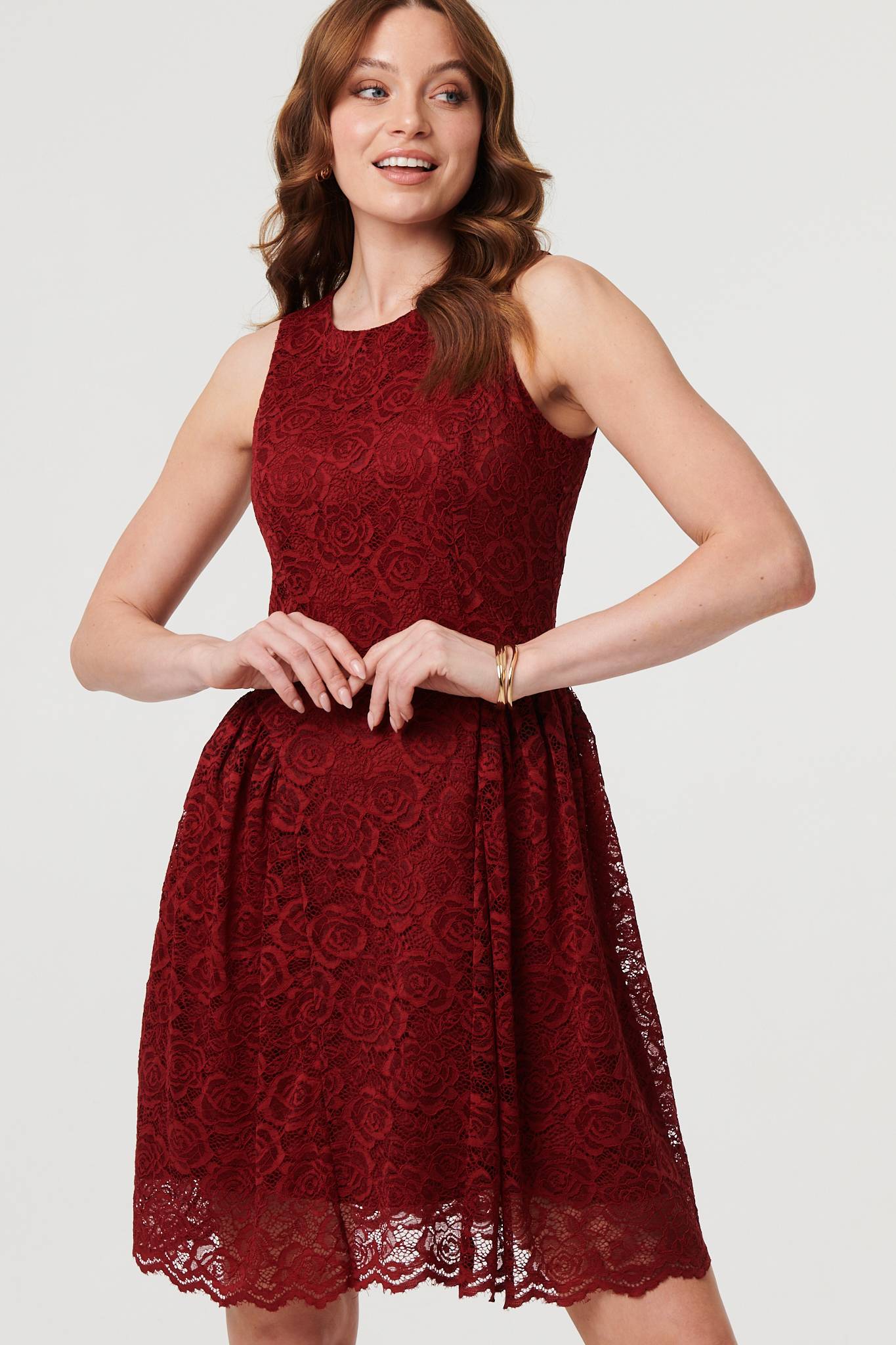 Lace Layer Sleeveless Short Skater Dress Front View