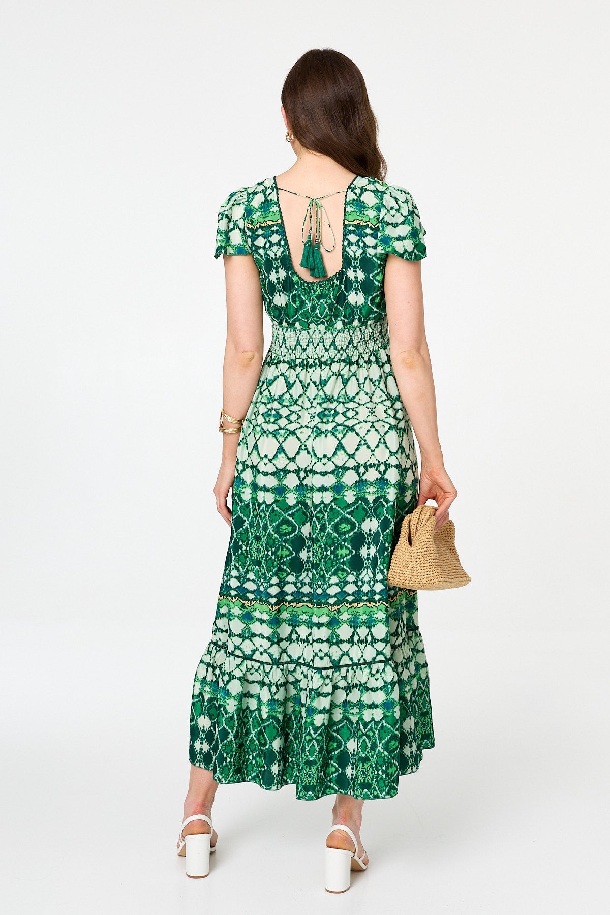 Abstract Cap Sleeve Shirred Maxi Dress Detail View