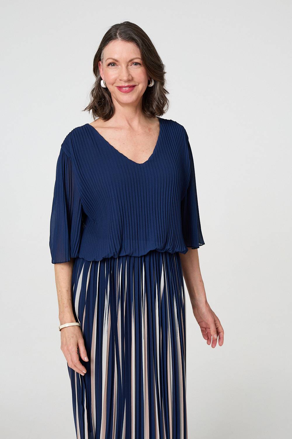 Striped Pleat 1/2 Sleeve Midi Dress Side View