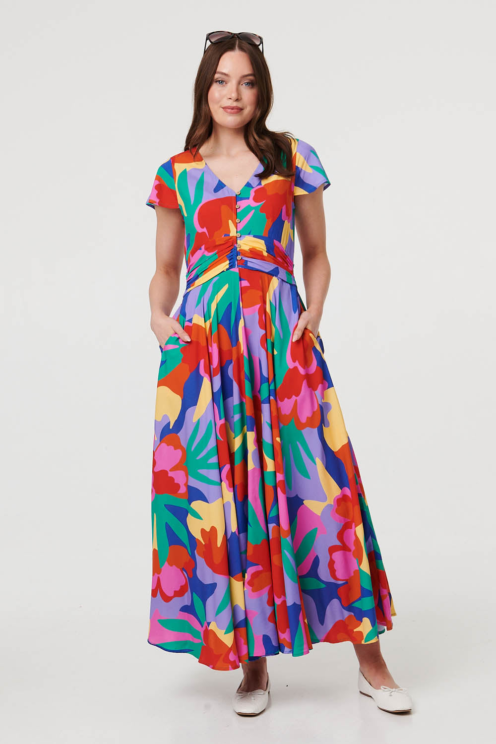 Abstract Floral Tie Ruched Maxi Dress Detail View