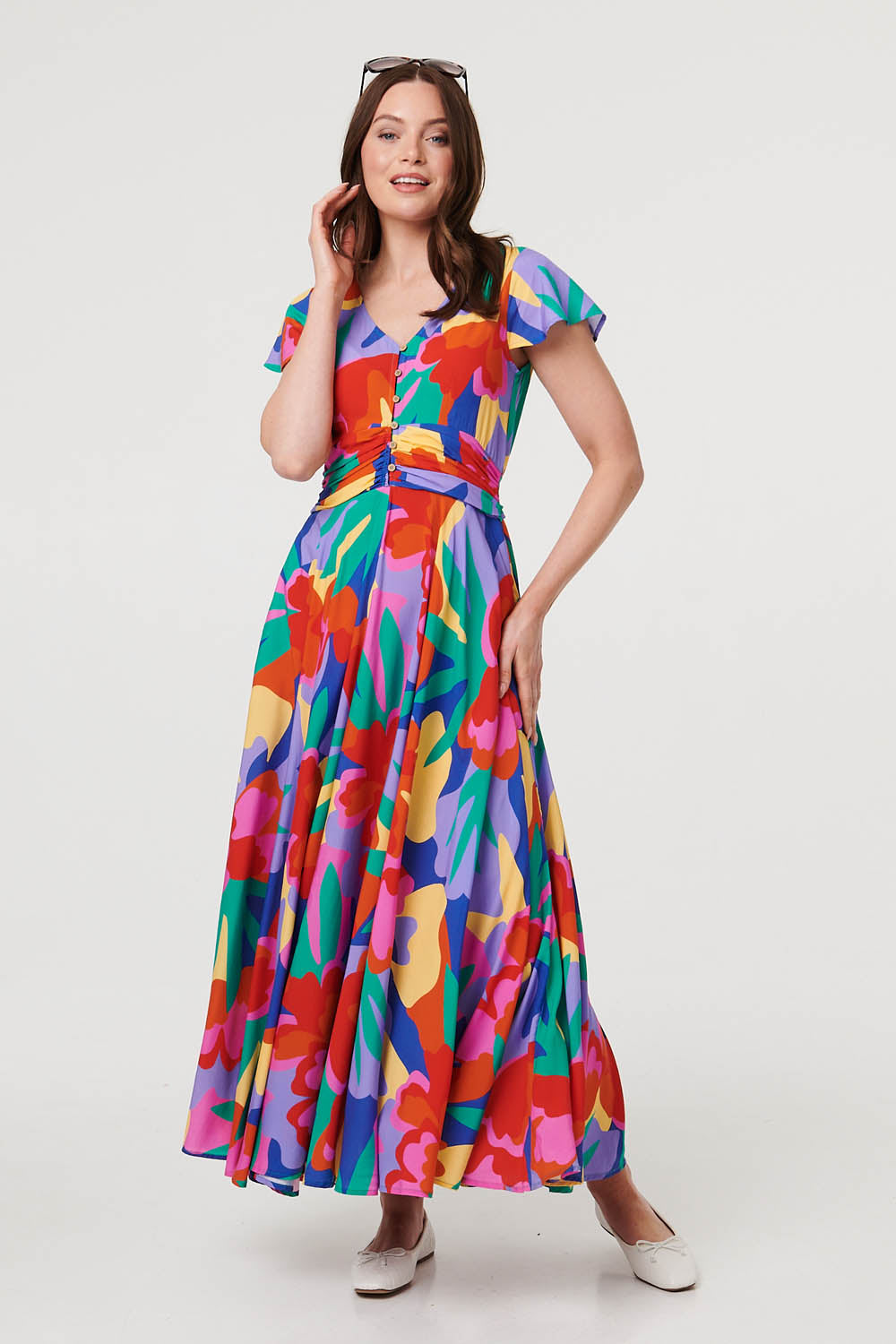 Abstract Floral Tie Ruched Maxi Dress Front View