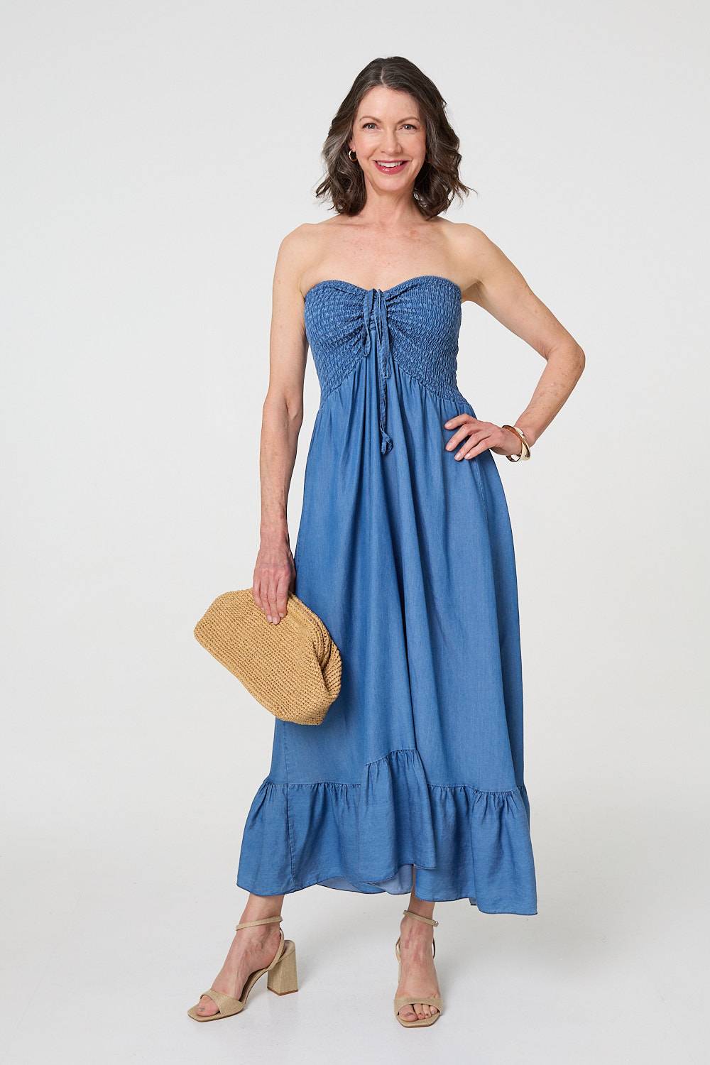 Strapless Shirred Frill Hem Maxi Dress Back View