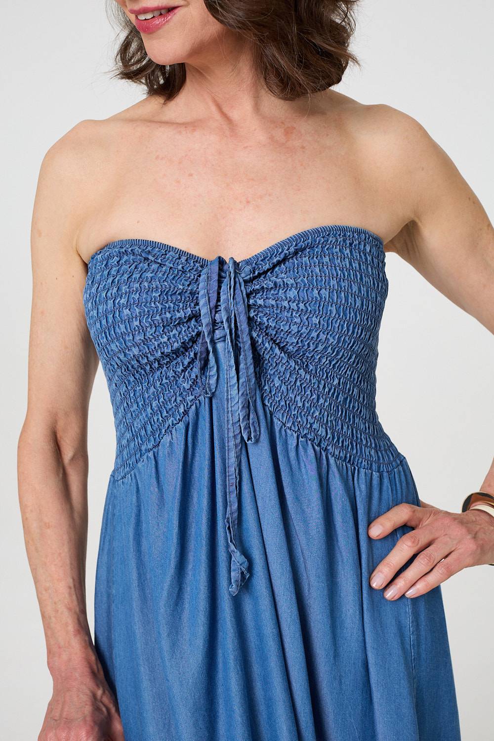 Strapless Shirred Frill Hem Maxi Dress Full Length View