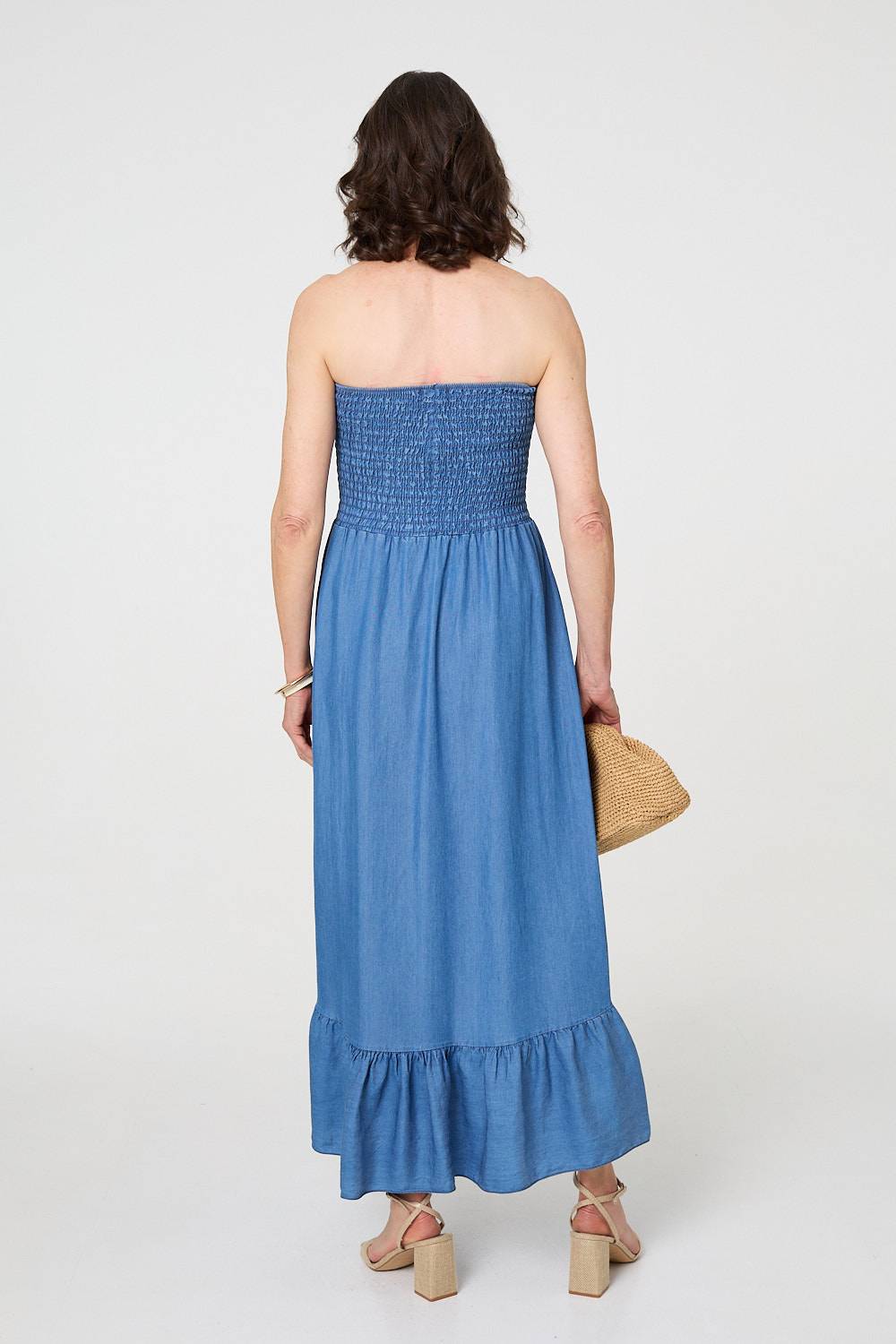 Strapless Shirred Frill Hem Maxi Dress Styled View