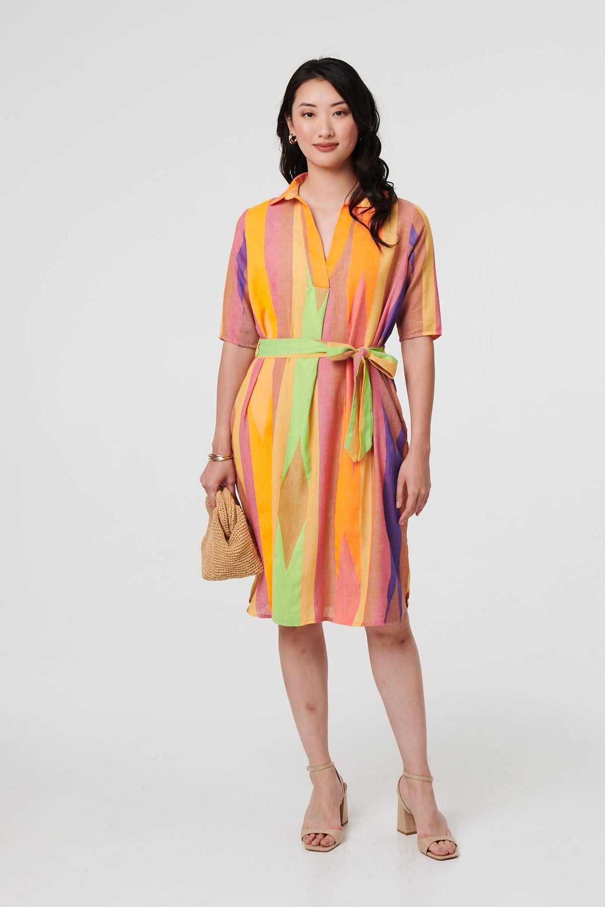 Striped Knee Length Tie Waist Dress Front View 2