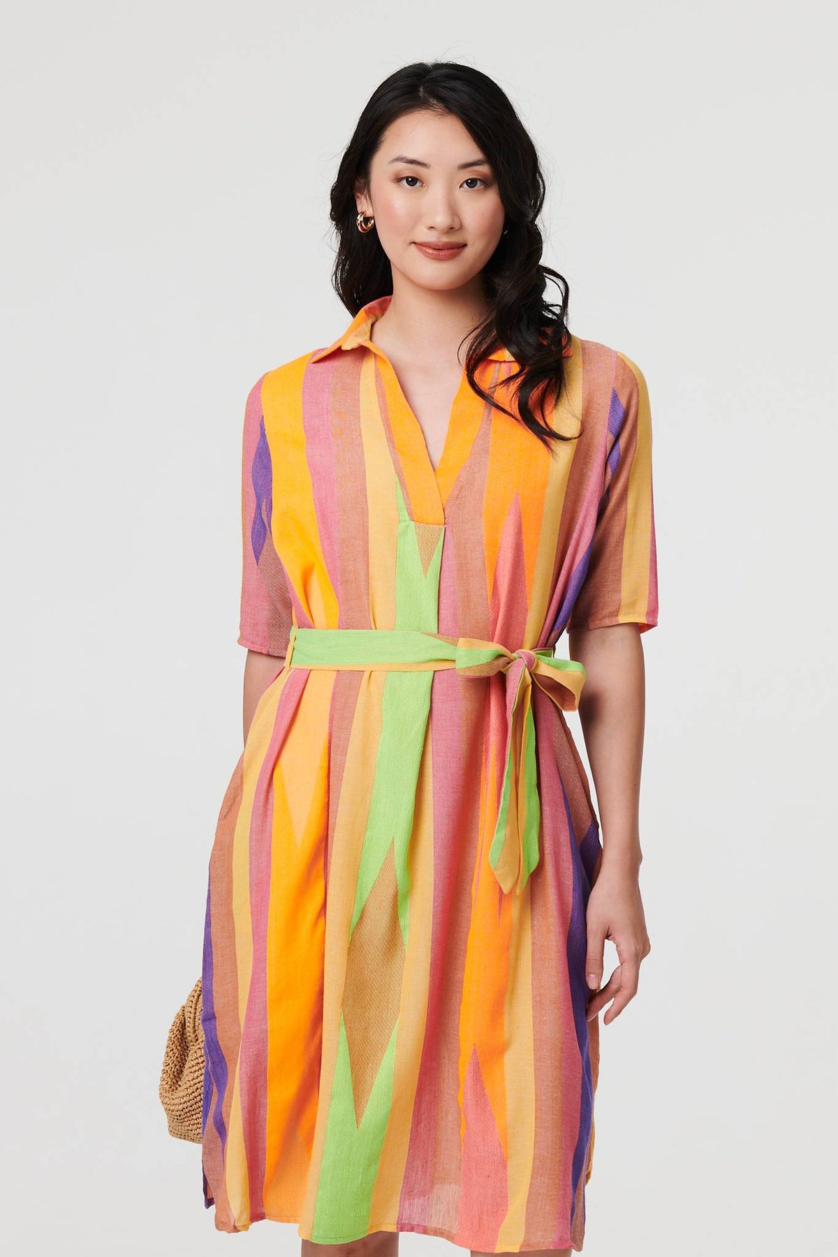 Striped Knee Length Tie Waist Dress Full Length View