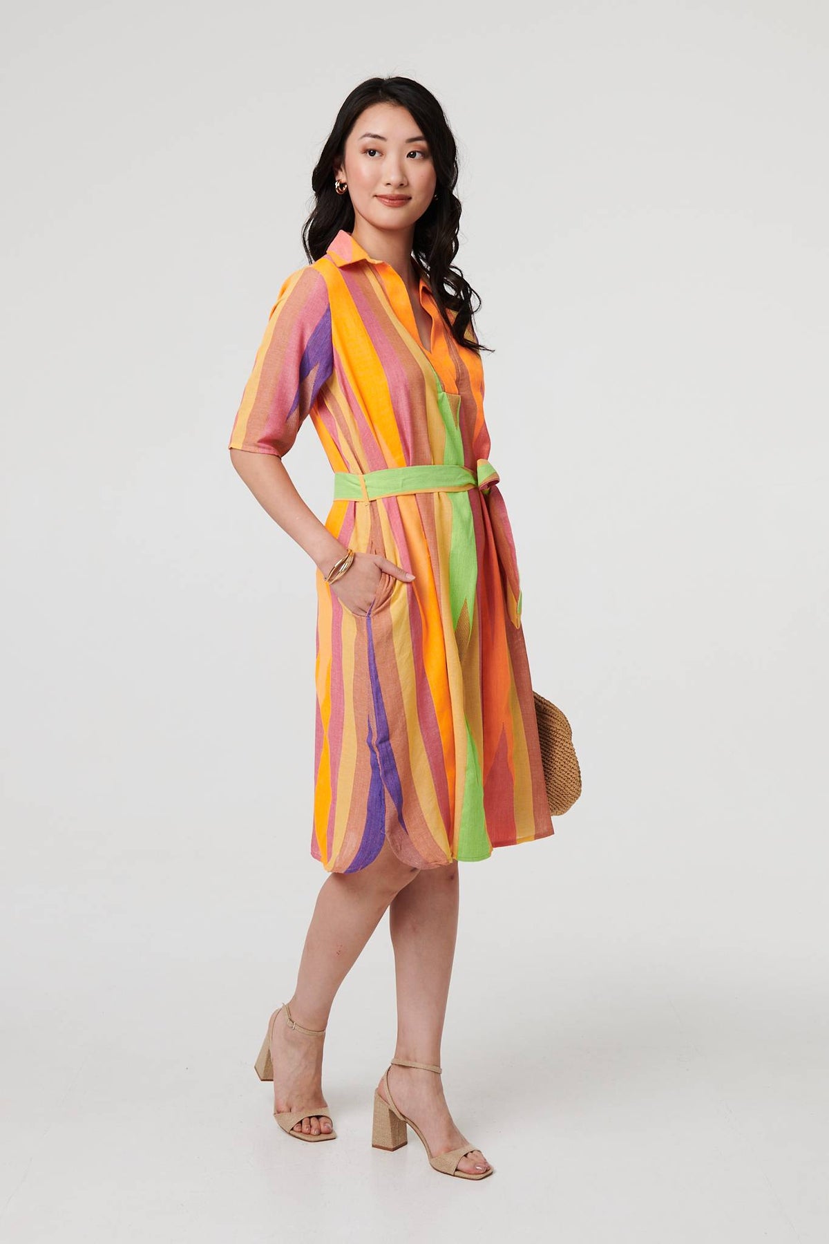 Striped Knee Length Tie Waist Dress Styled View
