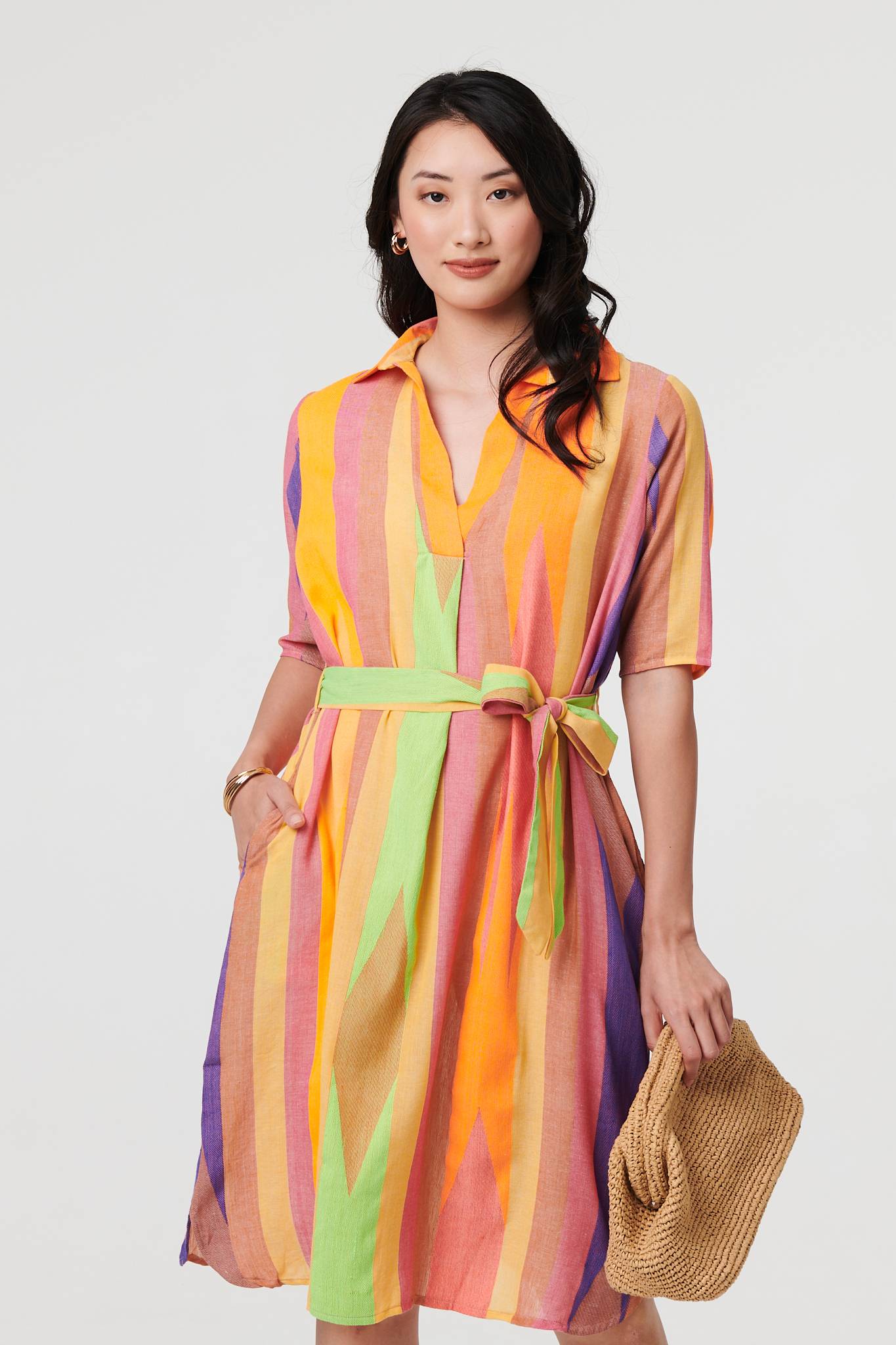 Striped Knee Length Tie Waist Dress Front View