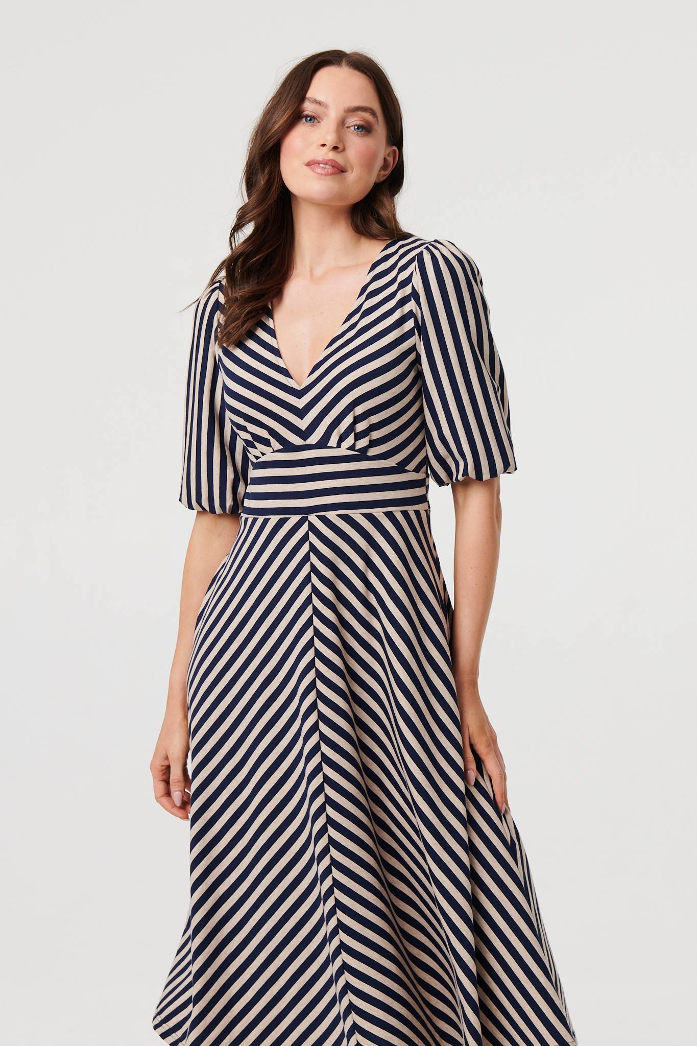 Striped 1/2 Puff Sleeve Midi Dress Detail View