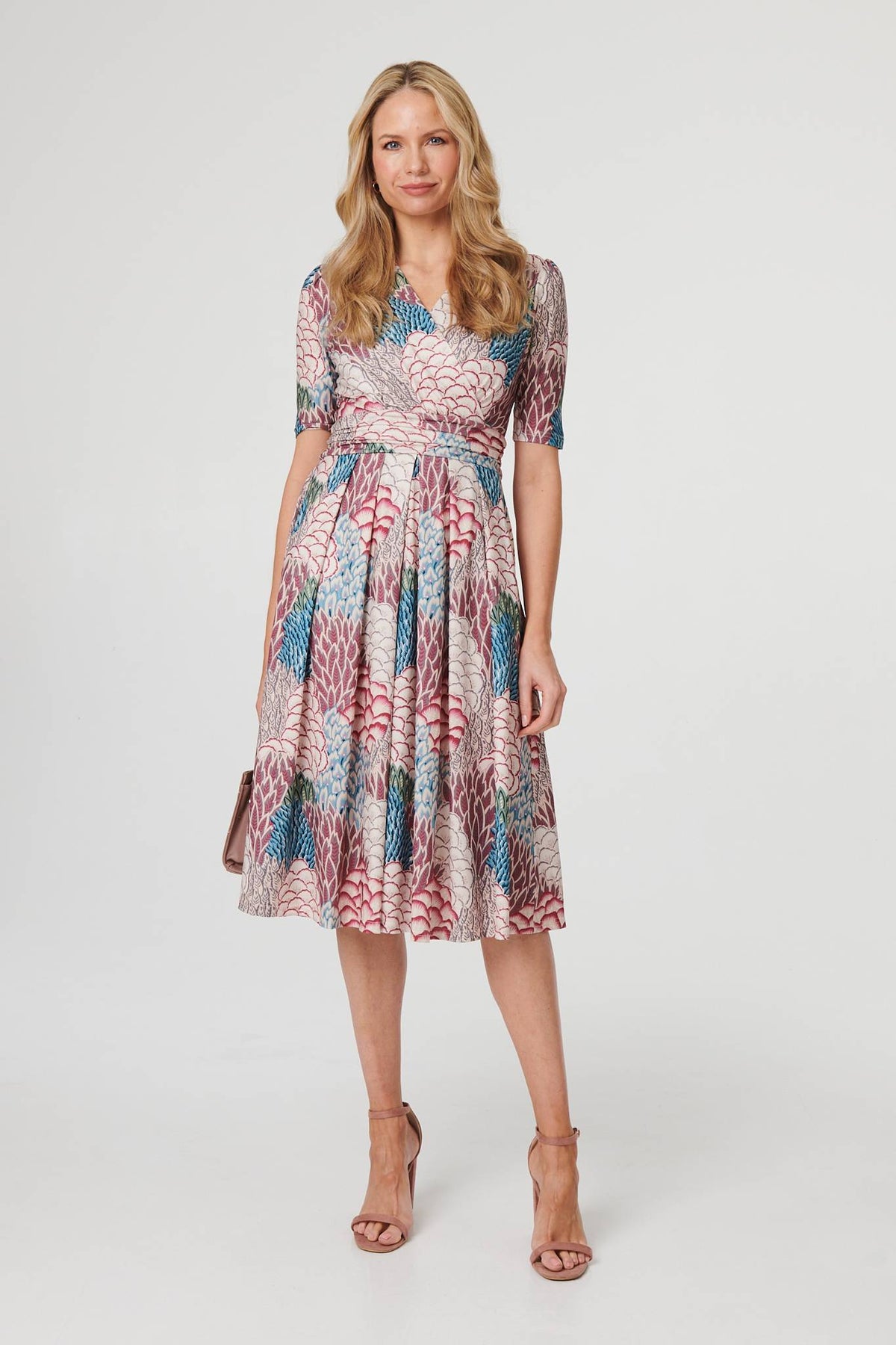 Printed 1/2 Sleeve Pleated Midi Dress Front View