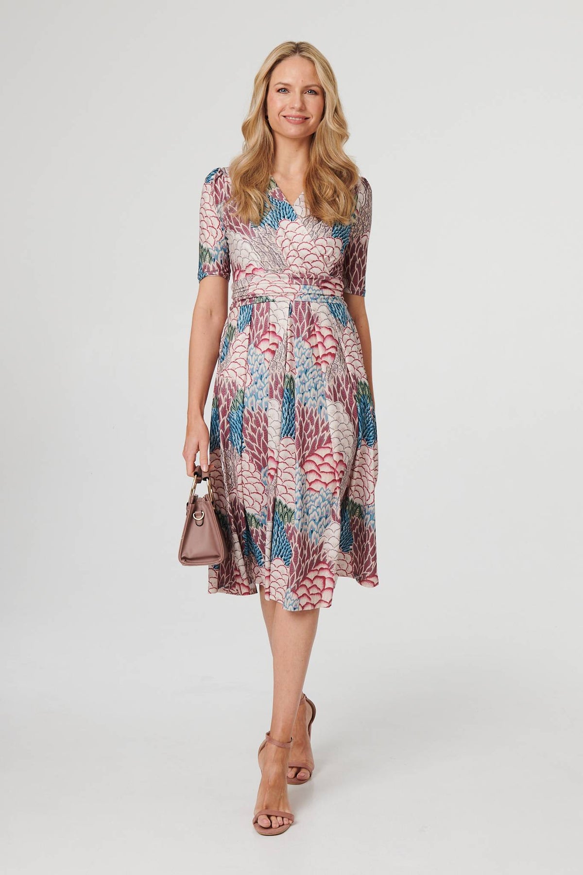 Printed 1/2 Sleeve Pleated Midi Dress Styled View