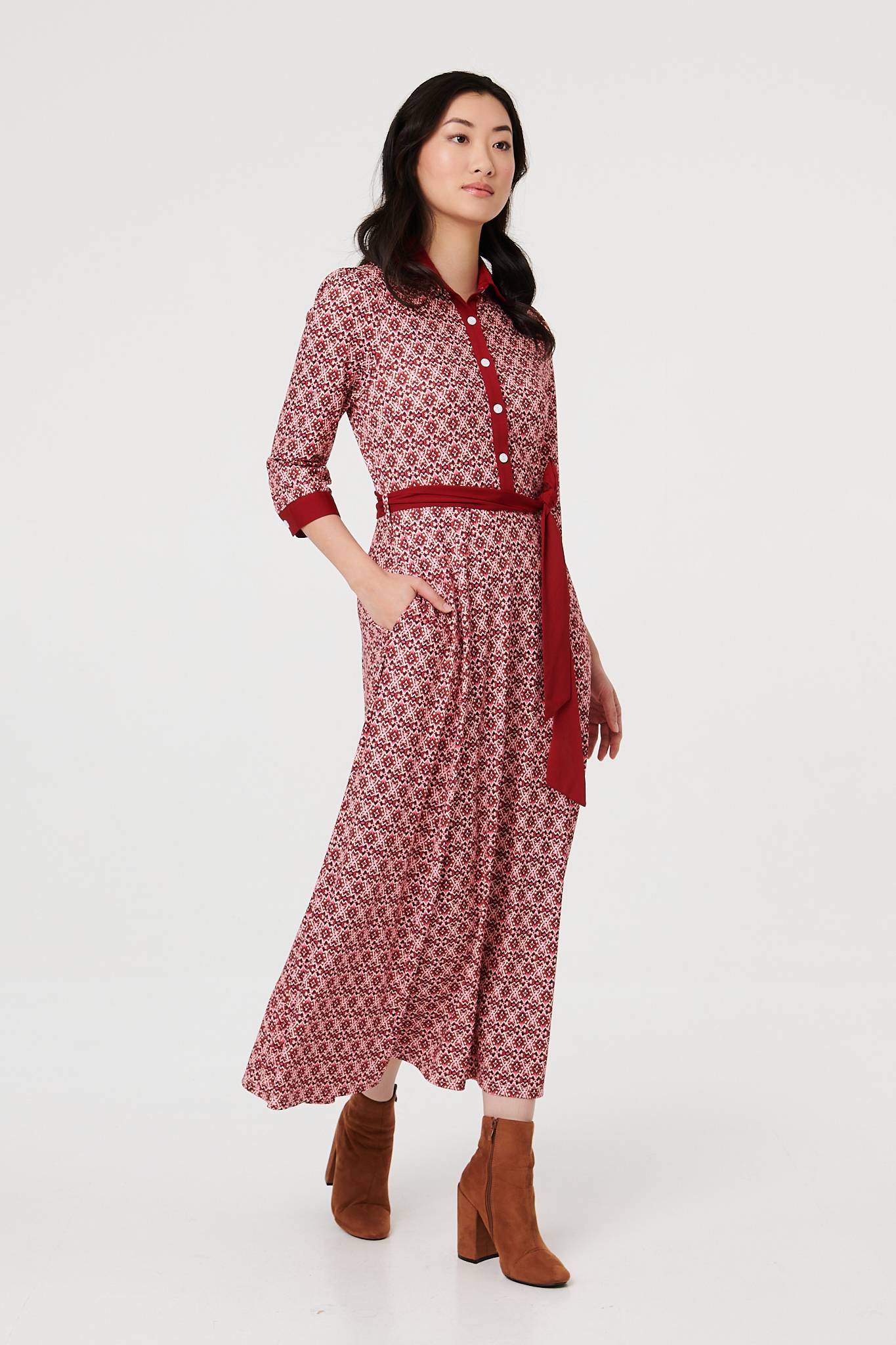 Printed 3/4 Sleeve Tie Waist Maxi Dress Back View