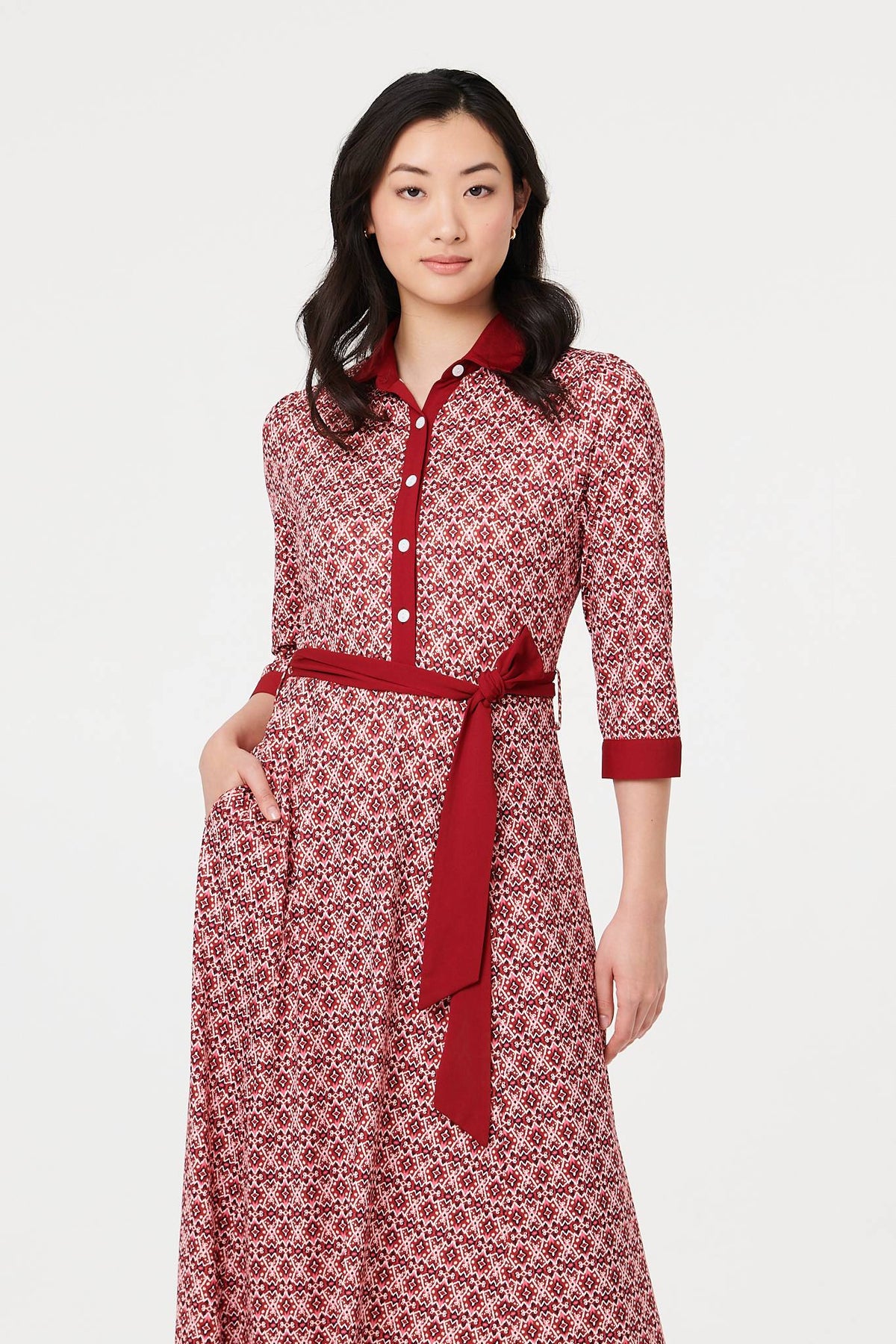 Printed 3/4 Sleeve Tie Waist Maxi Dress Styled View
