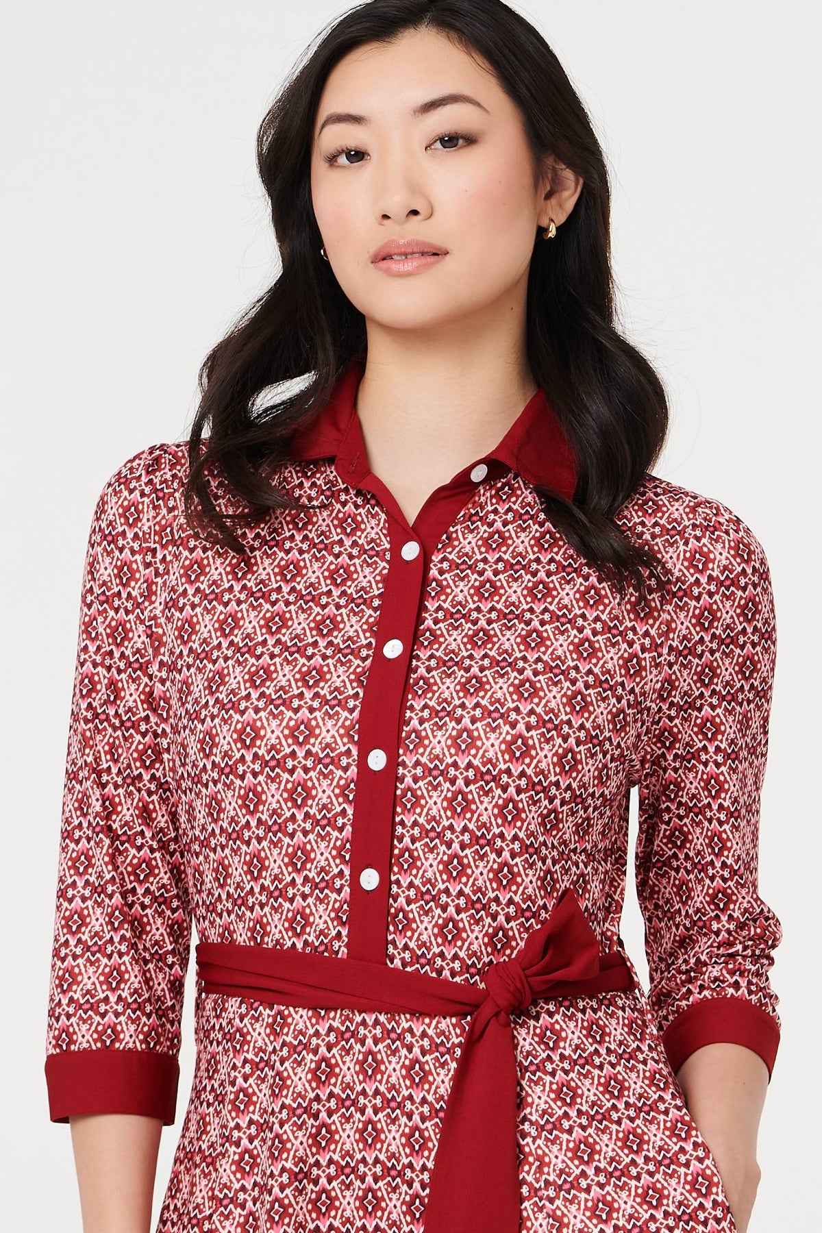Printed 3/4 Sleeve Tie Waist Maxi Dress Detail View
