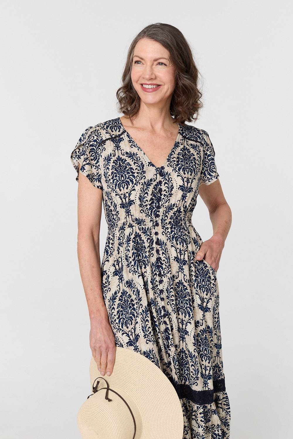 Printed Shirred Lace Midi Dress Full Length View