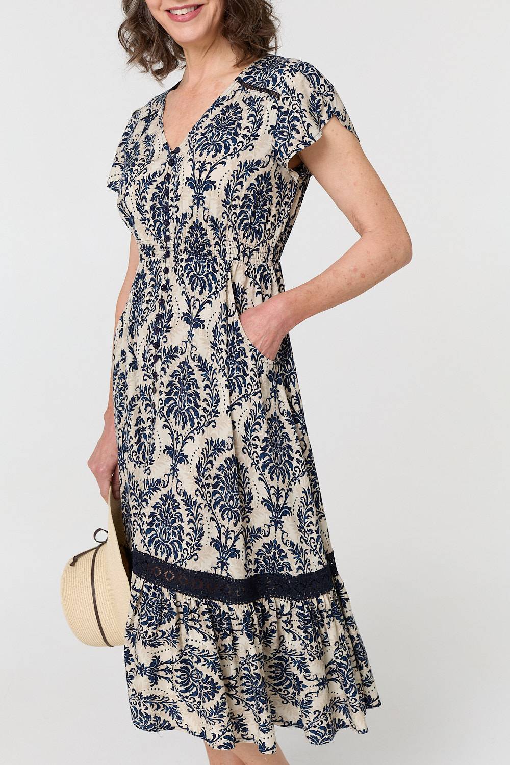 Printed Shirred Lace Midi Dress Styled View