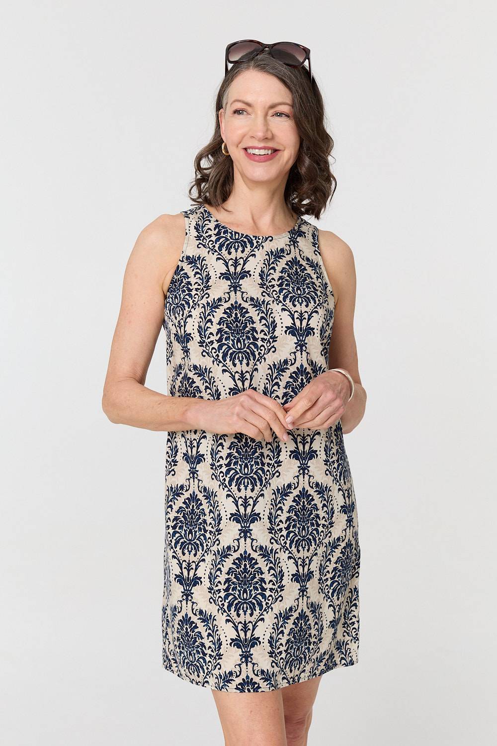Baroque Print Sleeveless Mini Dress Front View