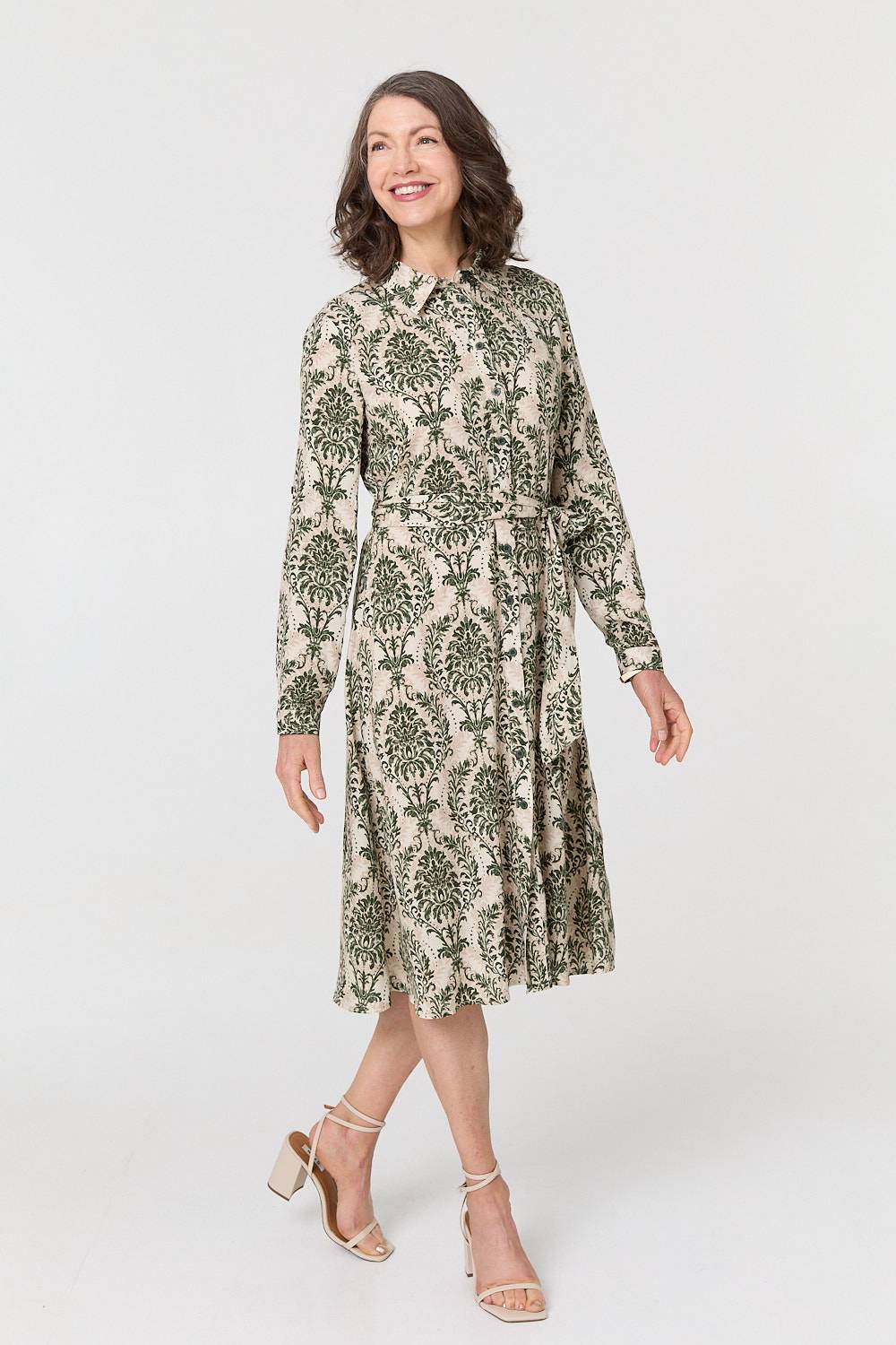Baroque Print Tie Waist Midi Shirt Dress Front View