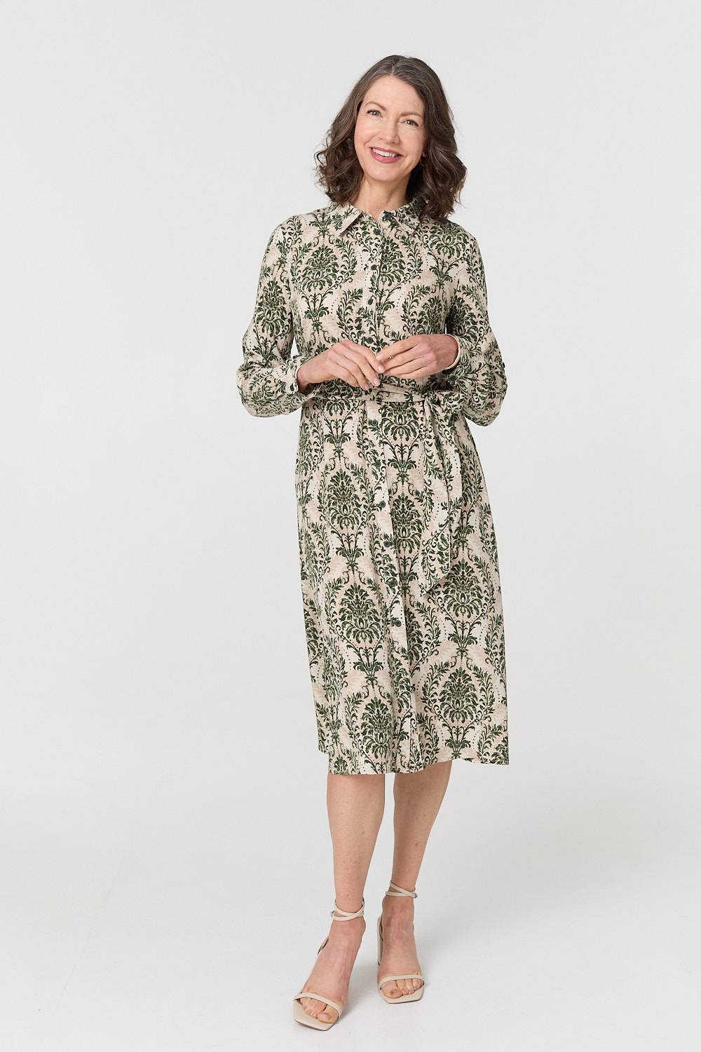 Baroque Print Tie Waist Midi Shirt Dress Styled View 2