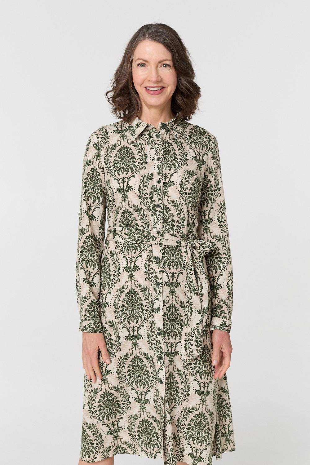 Baroque Print Tie Waist Midi Shirt Dress Detail View 2