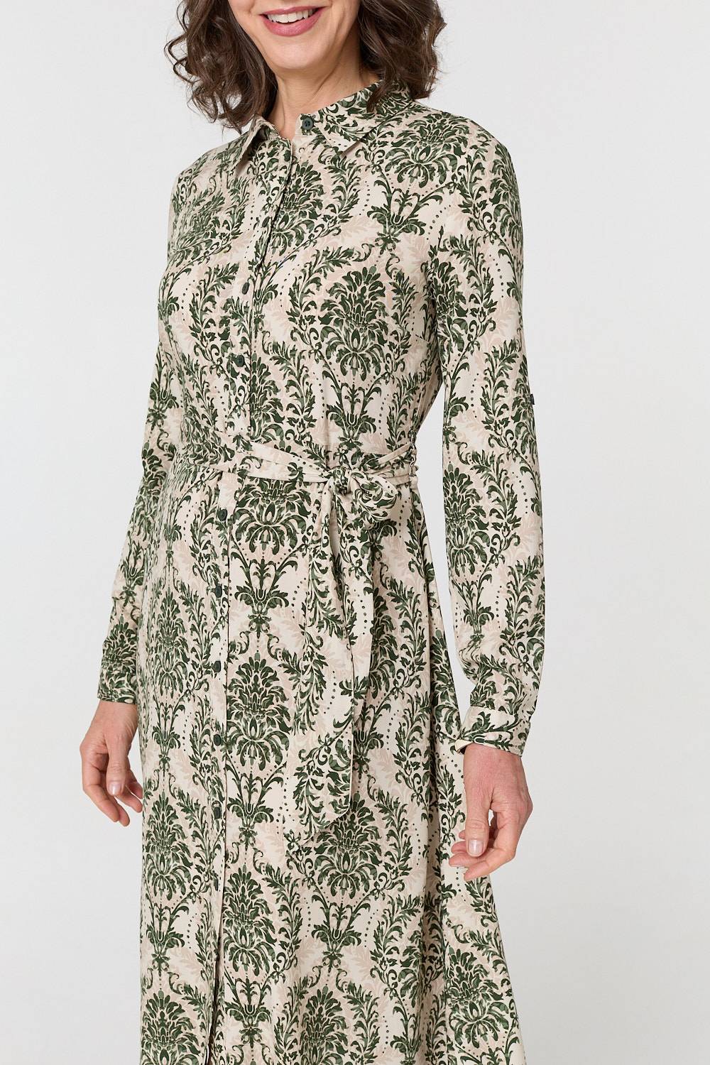 Baroque Print Tie Waist Midi Shirt Dress Back View 2