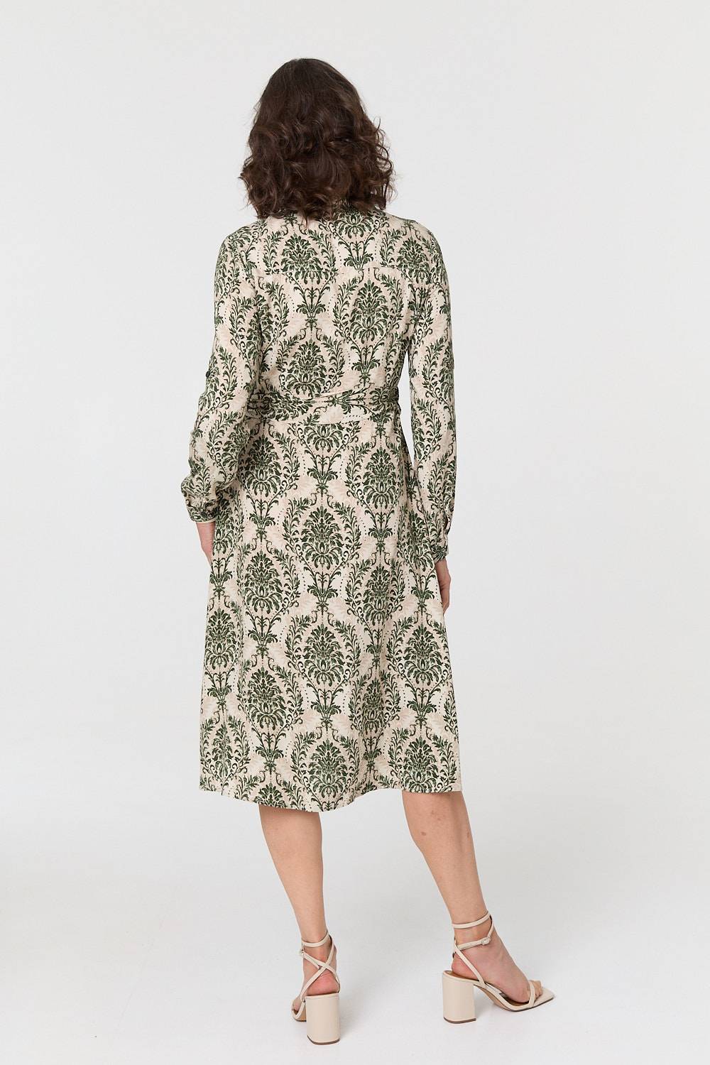 Baroque Print Tie Waist Midi Shirt Dress Front View 2