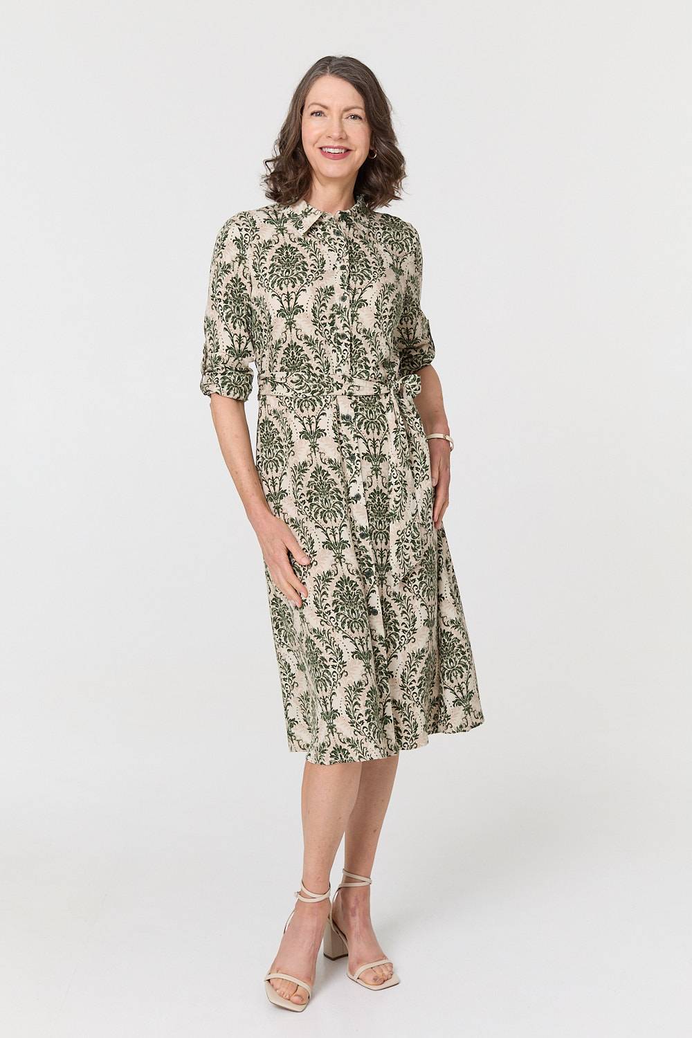 Baroque Print Tie Waist Midi Shirt Dress Full Length View