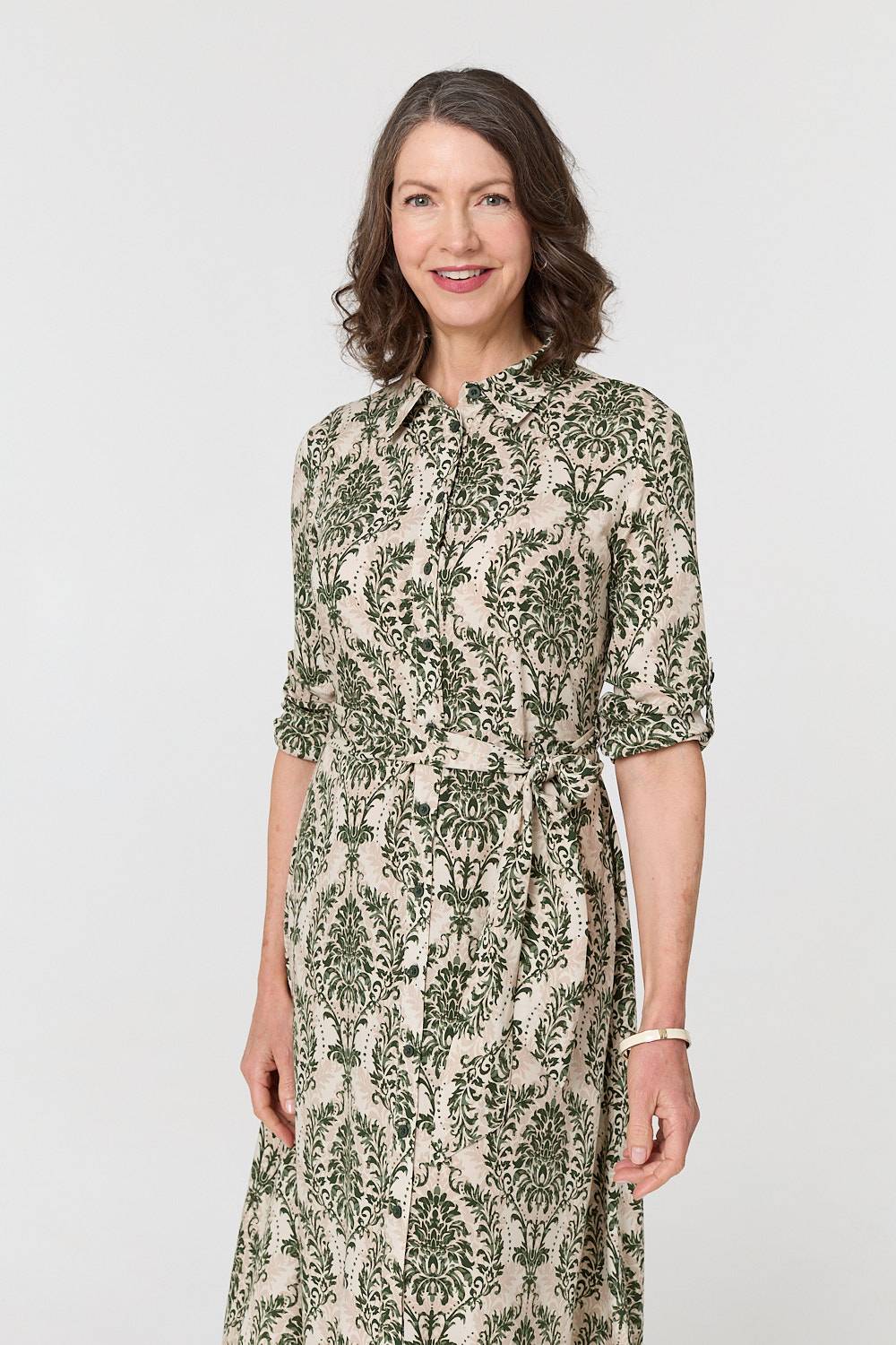 Baroque Print Tie Waist Midi Shirt Dress Styled View