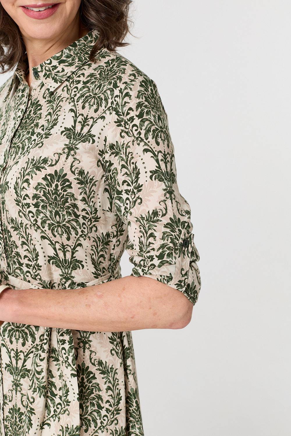 Baroque Print Tie Waist Midi Shirt Dress Detail View