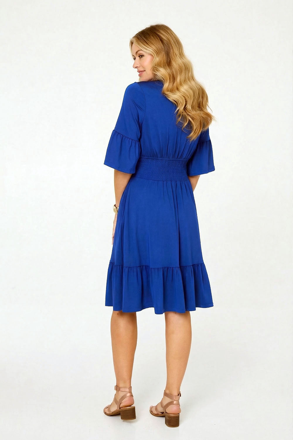 Shirred Waist 3/4 Sleeve Midi Dress Side View