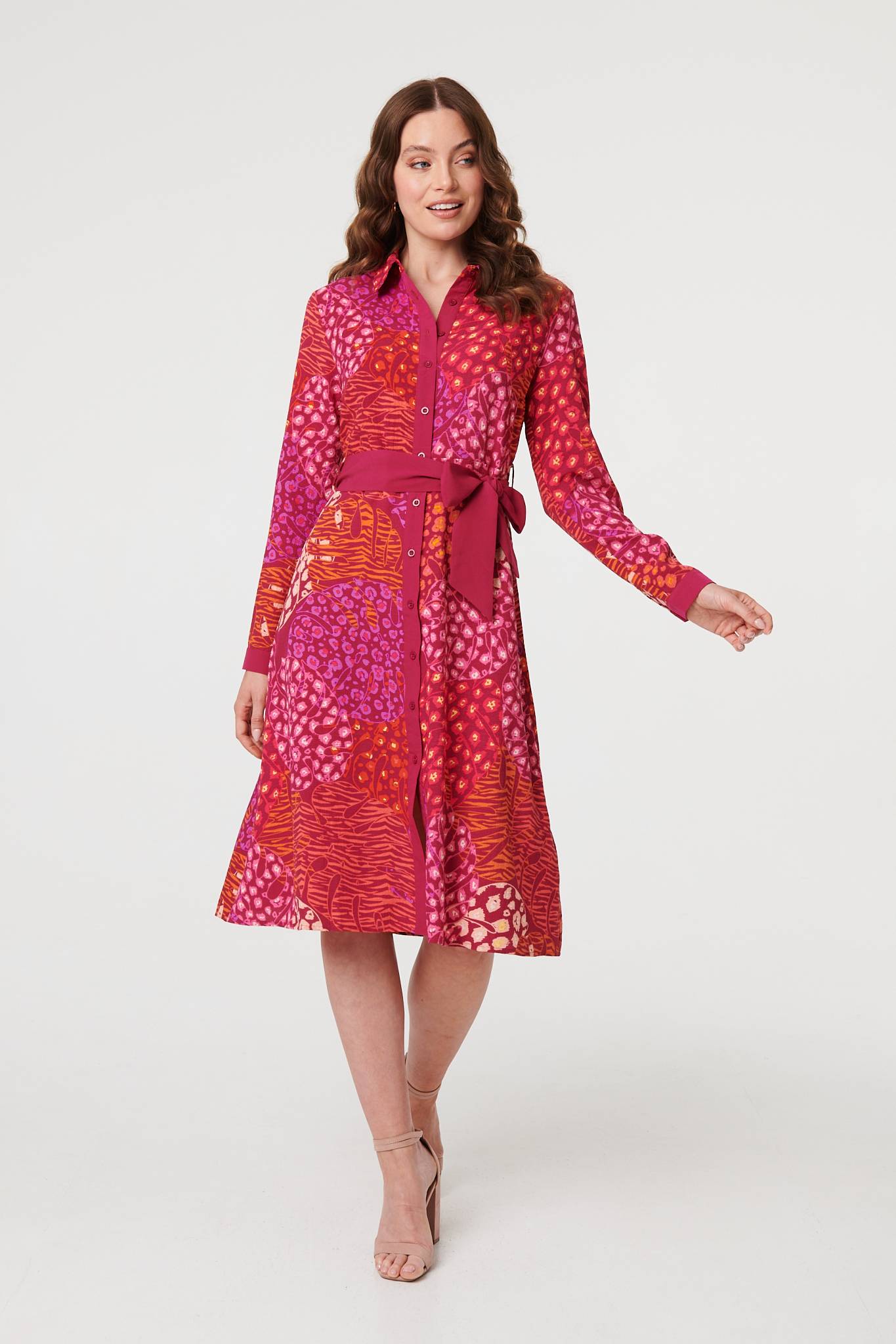 Printed Long Sleeve Collared Midi Dress Front View